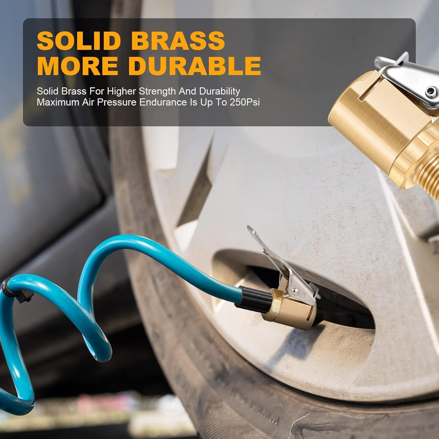 Tire Air Chuck with Clip Adapter, 2Pcs Brass Locking Tire Inflator Nozzle Adapter Connect, Tire Chucks for Vehicle Inflator Compressor Pump Connecttool(Color:As Shown) image number 4