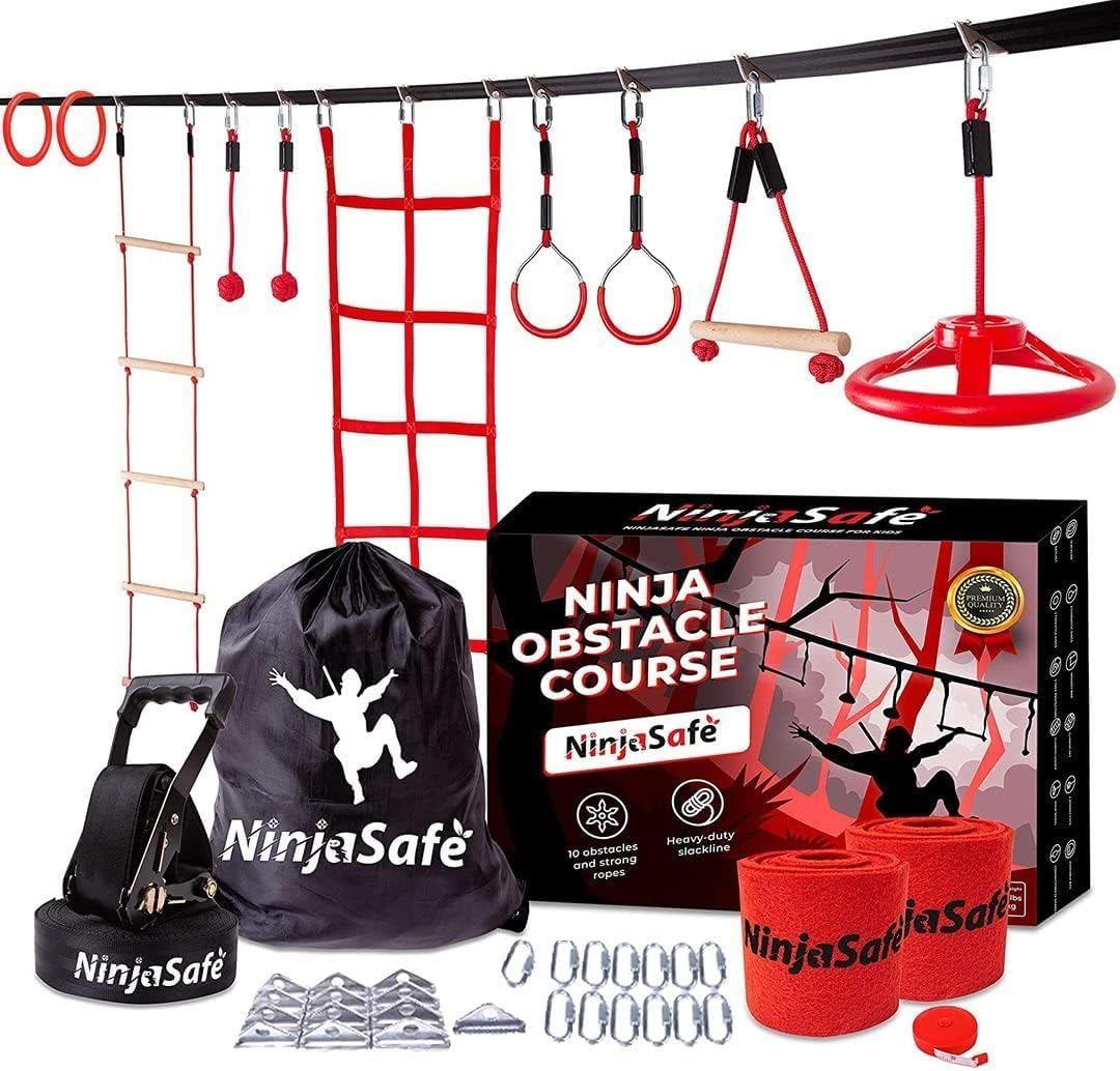 Ninja Obstacle Course for Kids Backyard - 10 Durable Obstacles and 50' Slackline - Outdoor Playset Equipment for Girls & Boys with Climbing Net image number 3