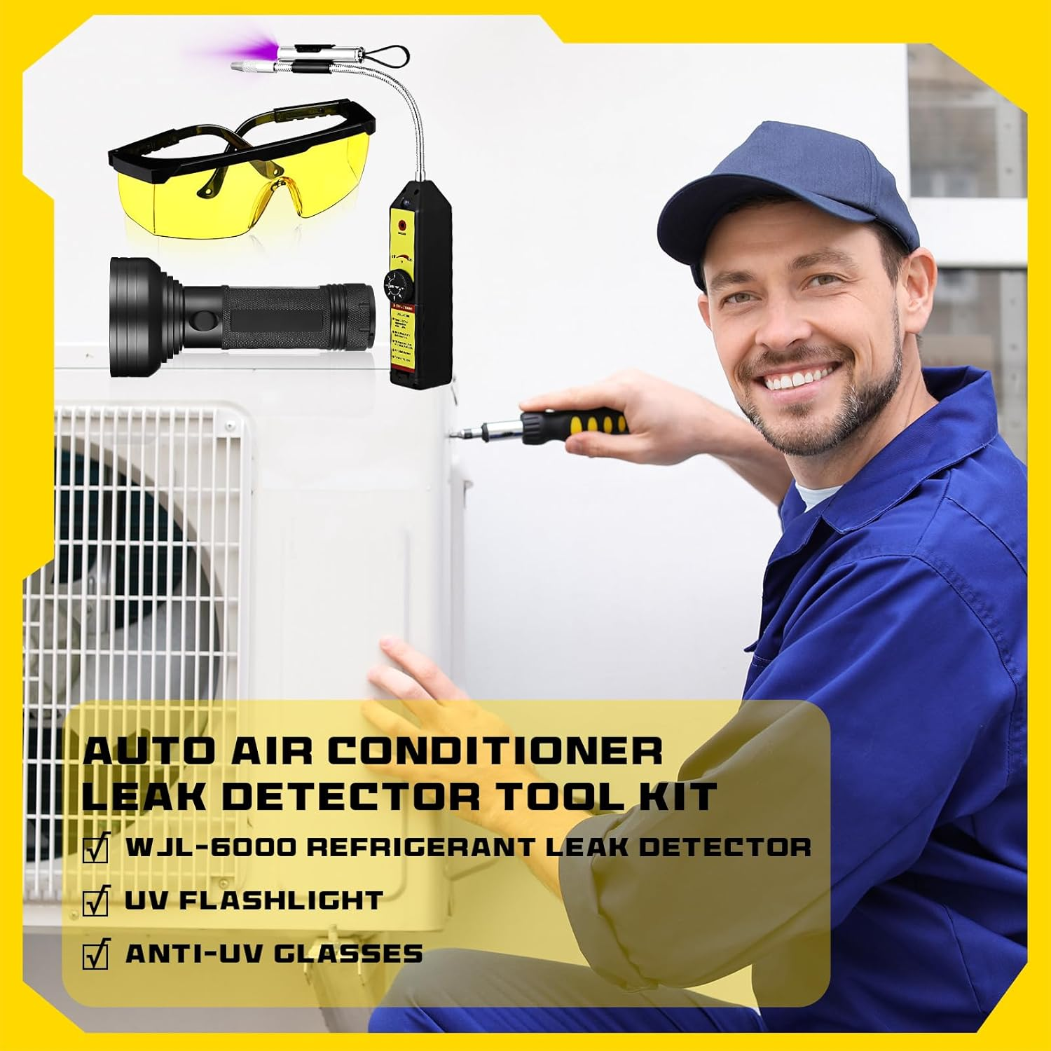 Ac Leak Detector Kit Tool Wjl-6000 Refrigerant Leak Detector with 68 LED UV Flashlight and Yellow UV Protective Glasses for HVAC Air Conditioner R22 R410A R134A(Yellow) image number 4