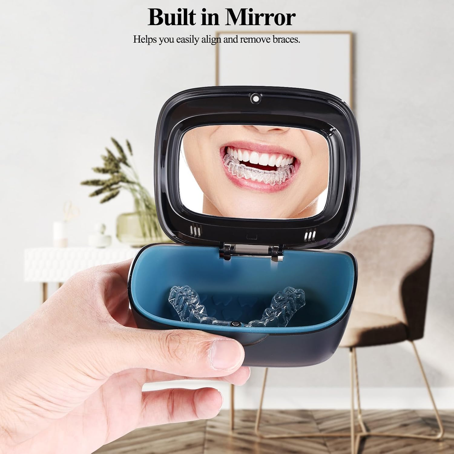 Double Layer Aligner Case Retainer Case with Mirror, Retainer Holder with Remover Tool and Cleaning Brush with Vent Holes Compatible with Aligner Case, Retainer Case,Orthodontic Supplies Case - Black image number 2