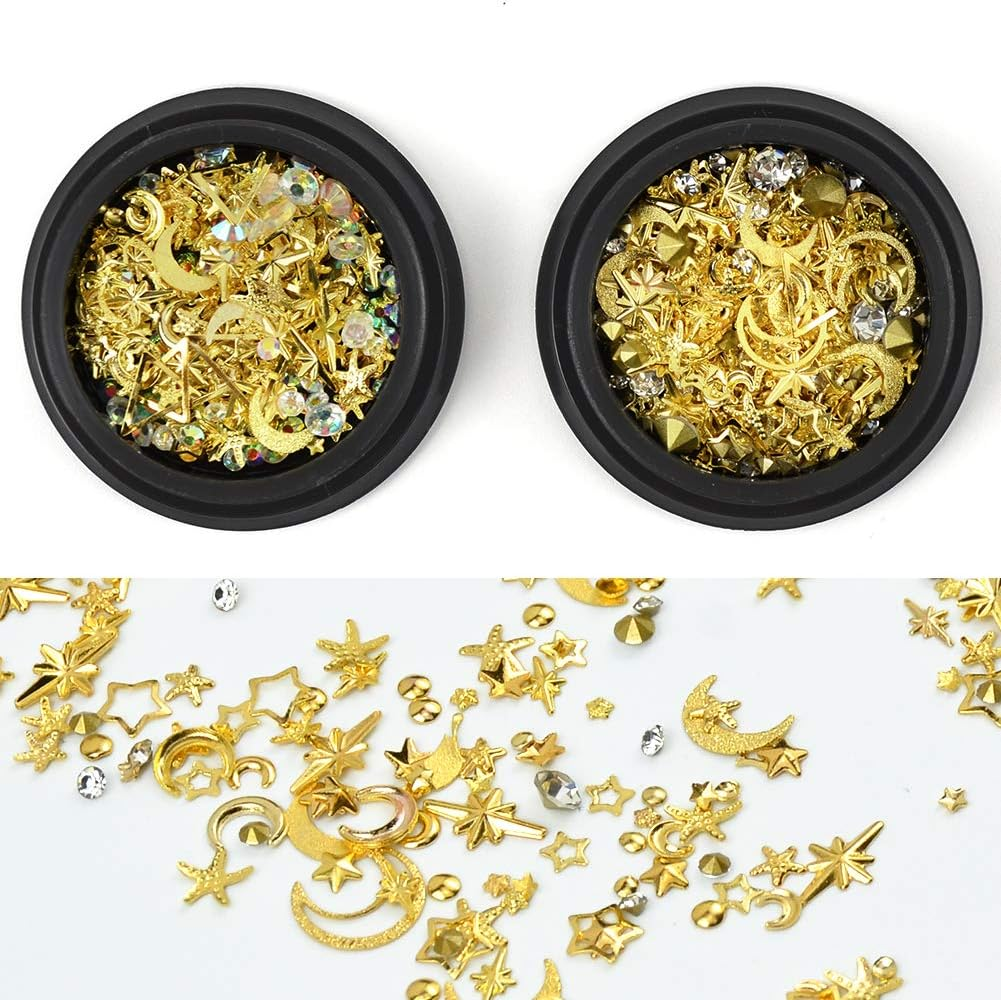 3D Gold Nail Studs Gems Mixed Sparkle Rhinestones Crystals Pearls Beads Hollow Moon Star Metal Rivets Charms Micro 3D Nail Art Decoration for DIY Jewelry Diamonds Women Manicure(2 Boxes) image number 1