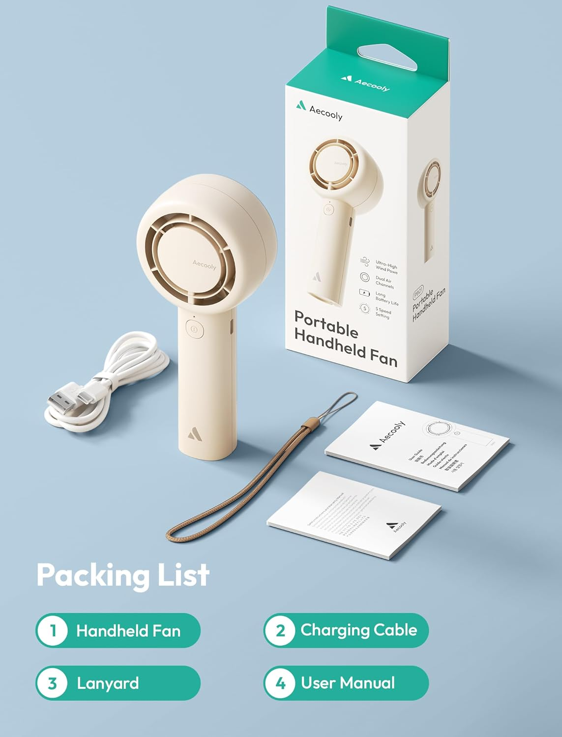 Aecooly Portable Handheld Turbo Fan [24H Max Cooling Time], 4500 Mah 5 Speeds USB Rechargeable Mini Personal Battery Operated Small Pocket Cooling Fan, Travel Essentials, Gifts for Women, Lash - Beige image number 5