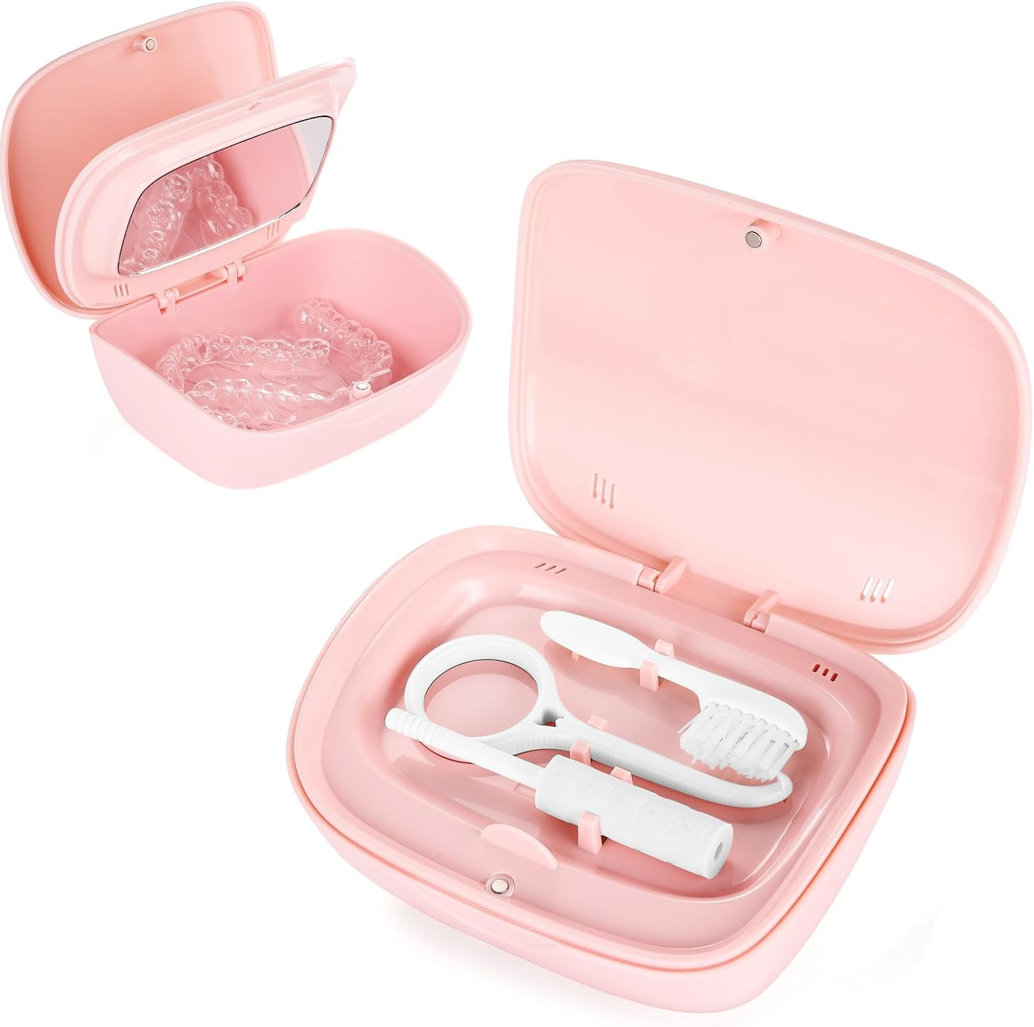 Double Layer Aligner Case Retainer Case with Mirror, Retainer Holder with Remover Tool and Cleaning Brush with Vent Holes Compatible with Aligner Case, Retainer Case,Orthodontic Supplies Case