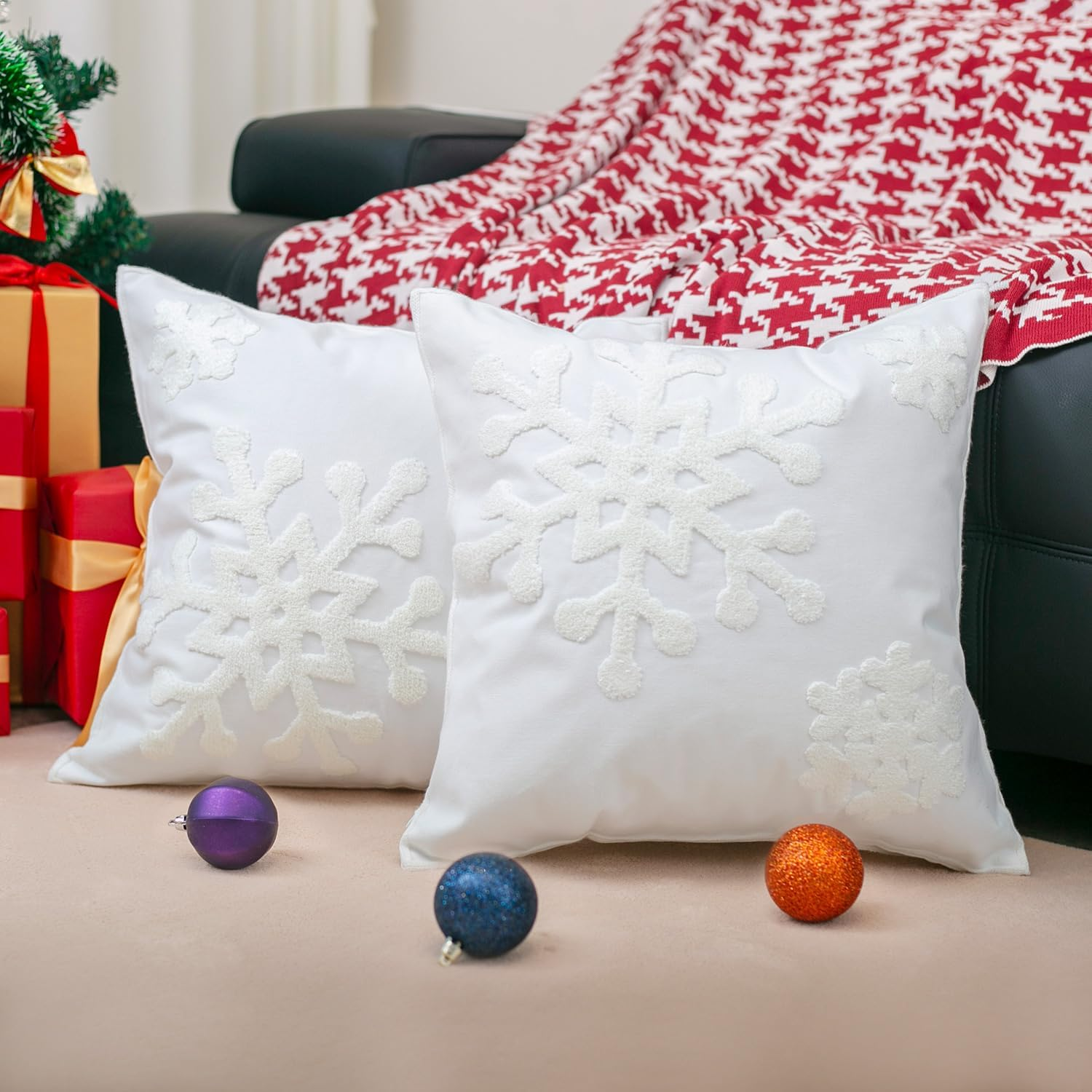 E.Life 18X18 Soft Canvas Christmas Winter Snowflake Style Cotton Linen Embroidery Throw Pillows Covers W/Invisible Zipper for Bed Sofa Cushion Pillowcases for Kids Bedding (1 Pair White) - Blue image number 3