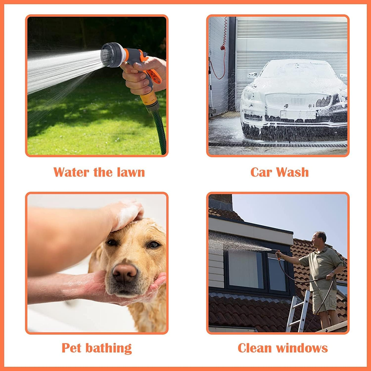 Garden Hose Nozzle, 8 Watering Patterns, High Pressure, Metal Body, Plastic and Rubber, Threaded Connection, 2 Ports, Ideal for Lawn, Garden, Car Washing, Pets