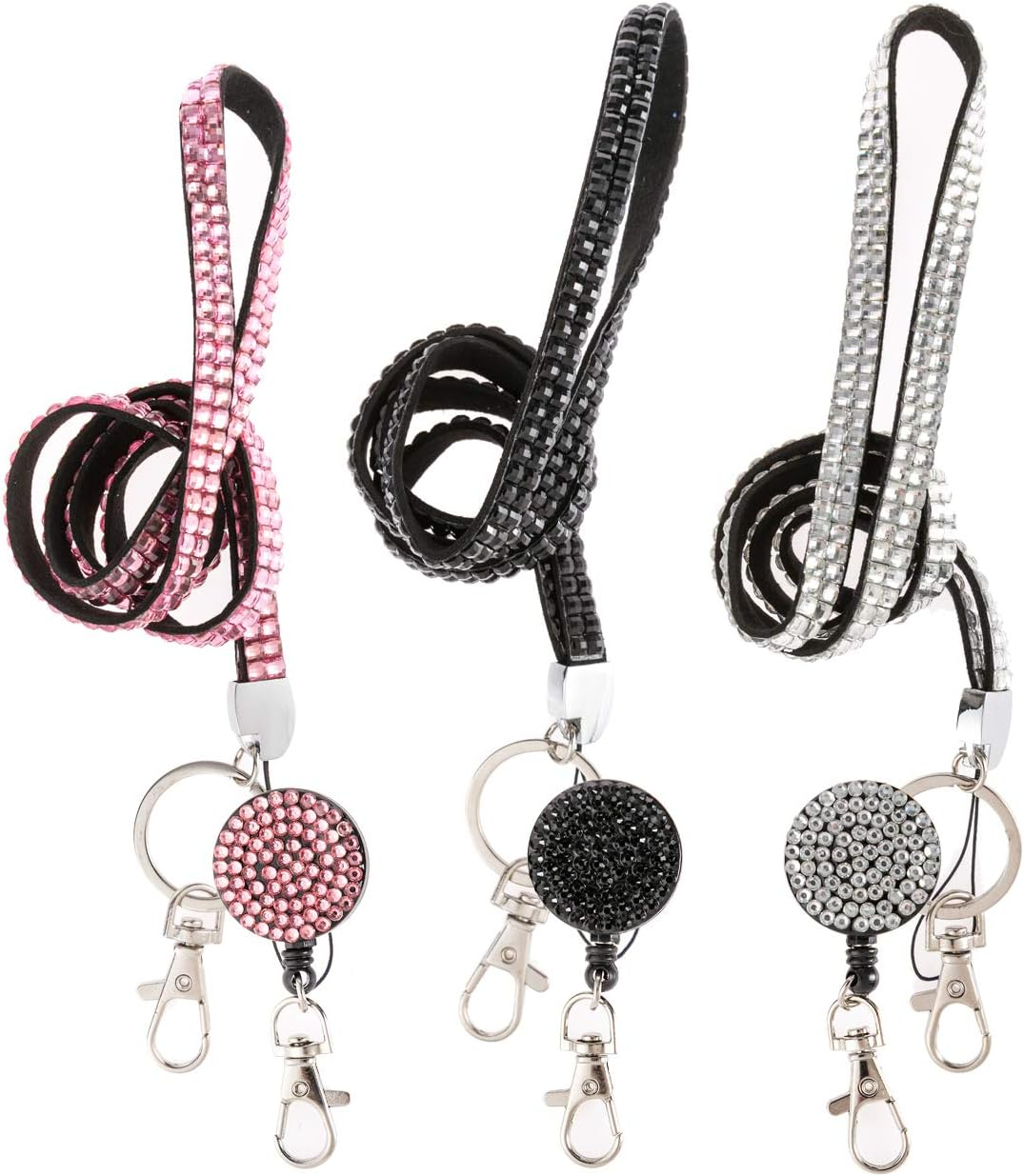Hot 3PCS Pack 32" All around Bling Crystal Leather Neck Strap Lanyard W/Retractable Badge Reel for ID Badge Keys Holder Cute Rhinestone Gift Id/Name Badge Holder(3X) image number 3
