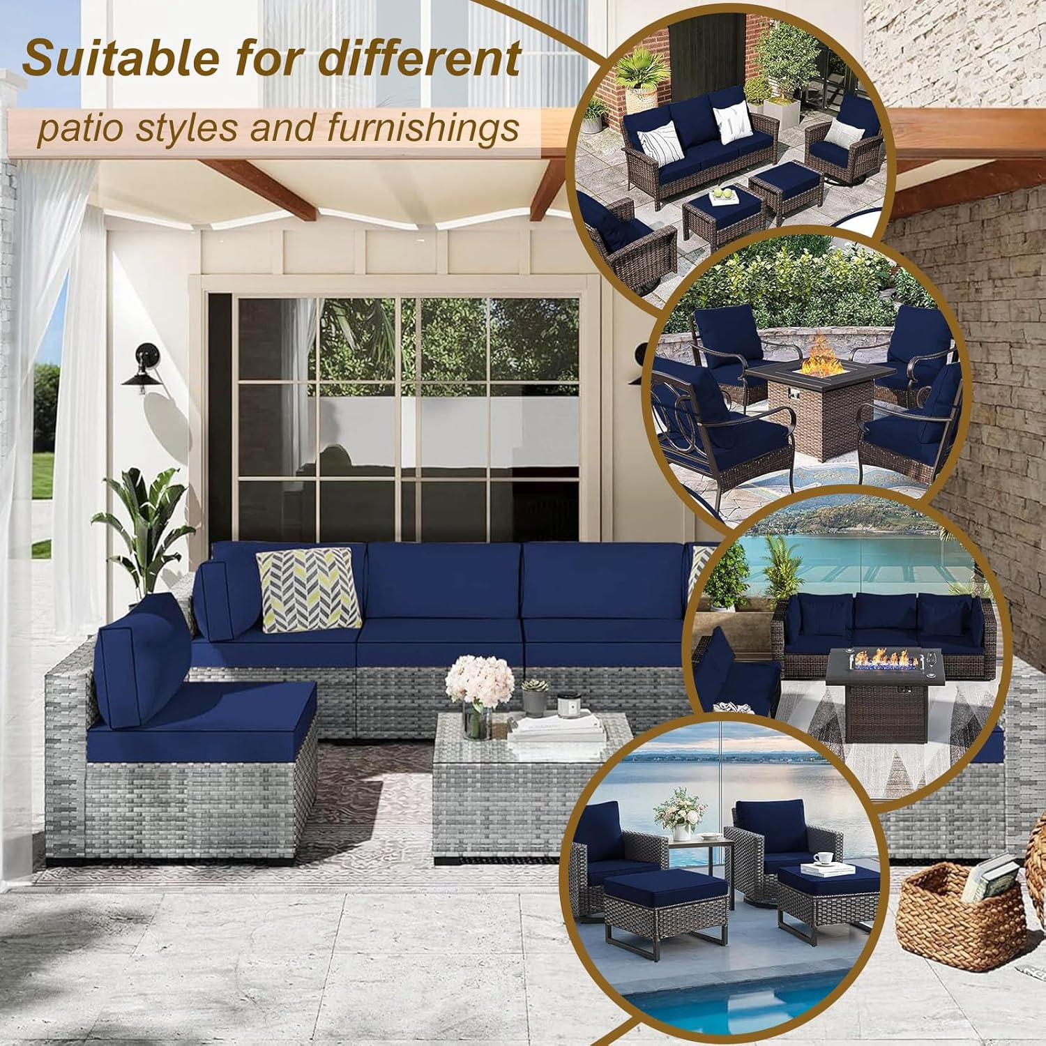 14 Piece Outdoor Patio Cushion Cover Replacement, Waterproof Patio Cushion Covers, Outdoor Furniture Cushion Covers Set for 6 Seat Wicker Rattan Sofa (Navy Blue) image number 3