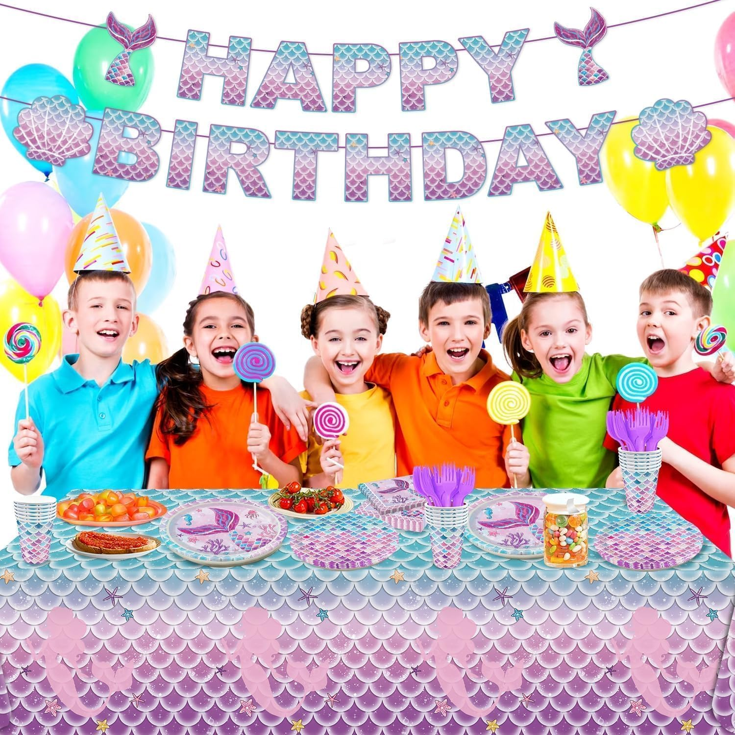 Mermaid Birthday Party Decorations Set Mermaid Reusable Party Supplies Includes Plates, Fork, Cup, Tablecloth, Banner for Ocean Birthday Party Decorations, Serves 24 image number 4