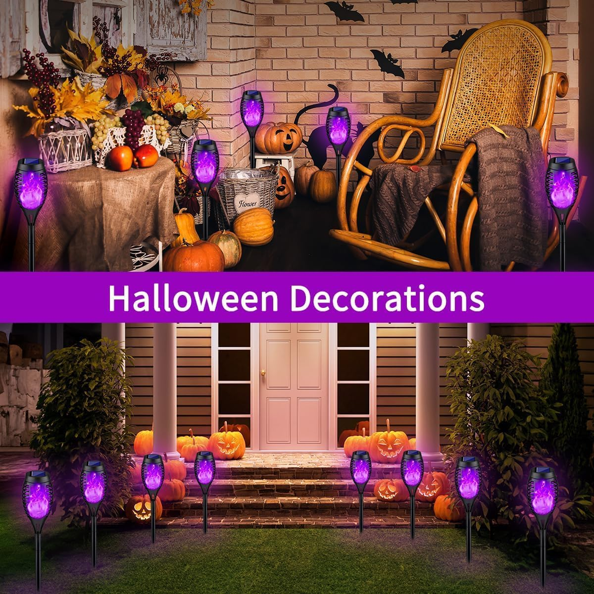 Outdoor Halloween Decorations, 8Pack Solar Lights with Purple Flame for Decor, Waterproof Outdoor, Pathway outside Yard Decorations Lawn