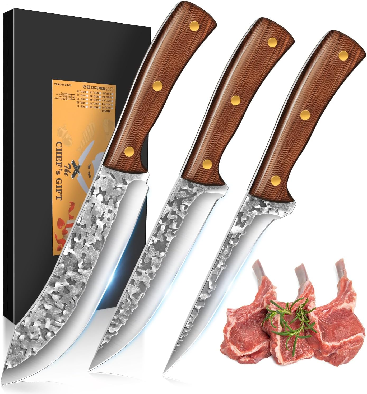 3 Piece Kitchen Knife Set Boning Knife Set &ndash; Razor Sharp Kitchen Knives Full Tang Butcher Knife Set,Boning Knife High Carbon Stainless Steel Cooking Knife Set, Gift Box image number 5