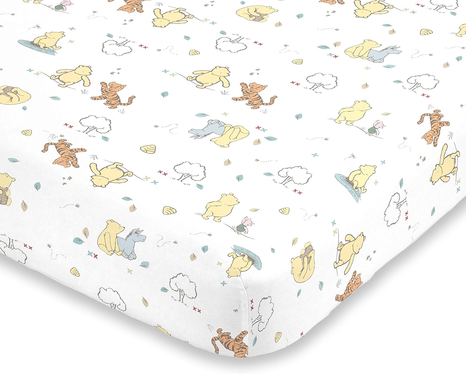 Disney Winnie the Pooh Classic Pooh 100% Cotton Fitted Mini Crib Sheet in Ivory, Butter, Aqua and Orange, Ivory, Butter, Aqua, Orange image number 1