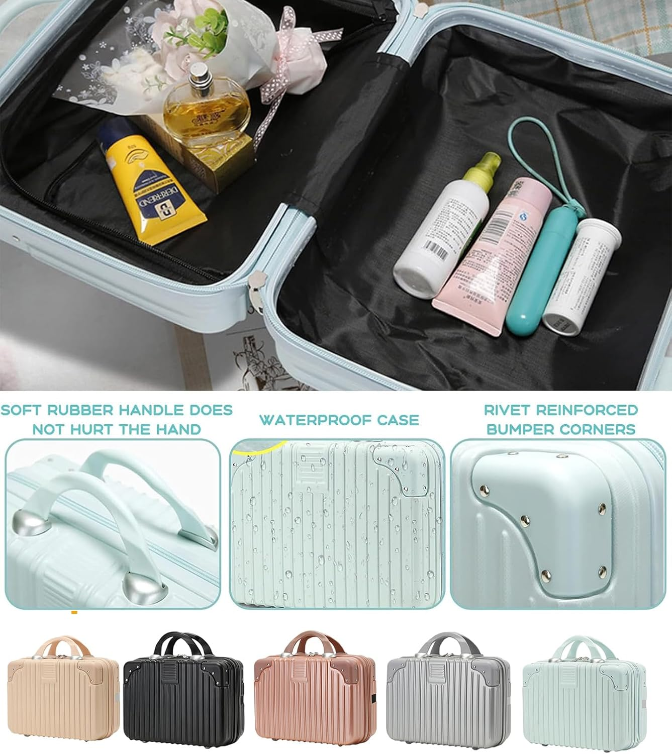 Makeup Travel for Women Girl, Portable, Waterproof ABS Storage. Elastic Band & Zipper. Hard - Shell, for Vanity Items. Ideal for Hand Luggage. (Silver)