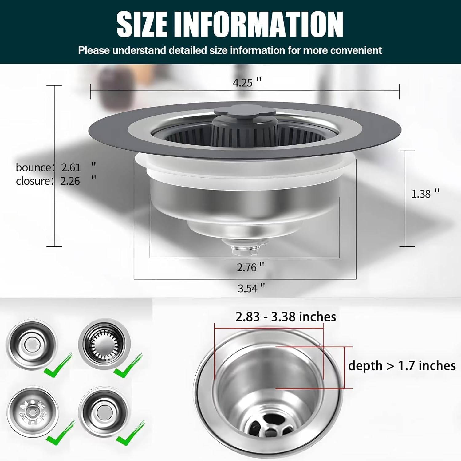 3 in 1 Kitchen Sink Drain Filter and Sink Filter, Stainless Steel Pop-Up Kitchen Sink Plug, Anti-Clogging Sink Filter,For US Standard 3-1/2 Inch Kitchen Drain (&Phi;12Cm*6Cm) image number 2