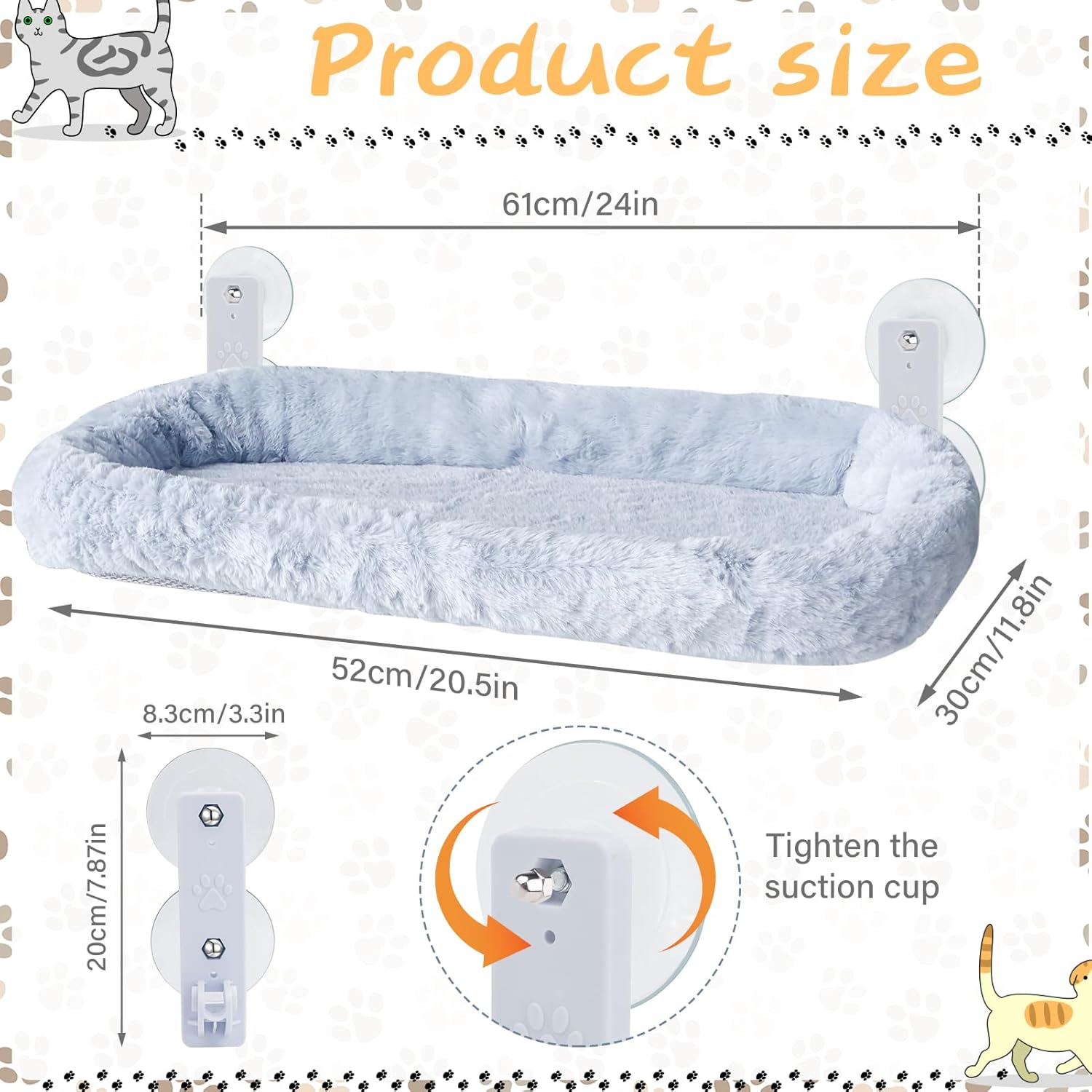 Cat Window Hammock Folding 52 * 30Cm, Cat Window Perch Upgrade Strong Suction Cup, Removable and Washable Dual-Purpose Cloth Pad,Weight Capacity 40Lbs,Easy to Assemble,Grey image number 5