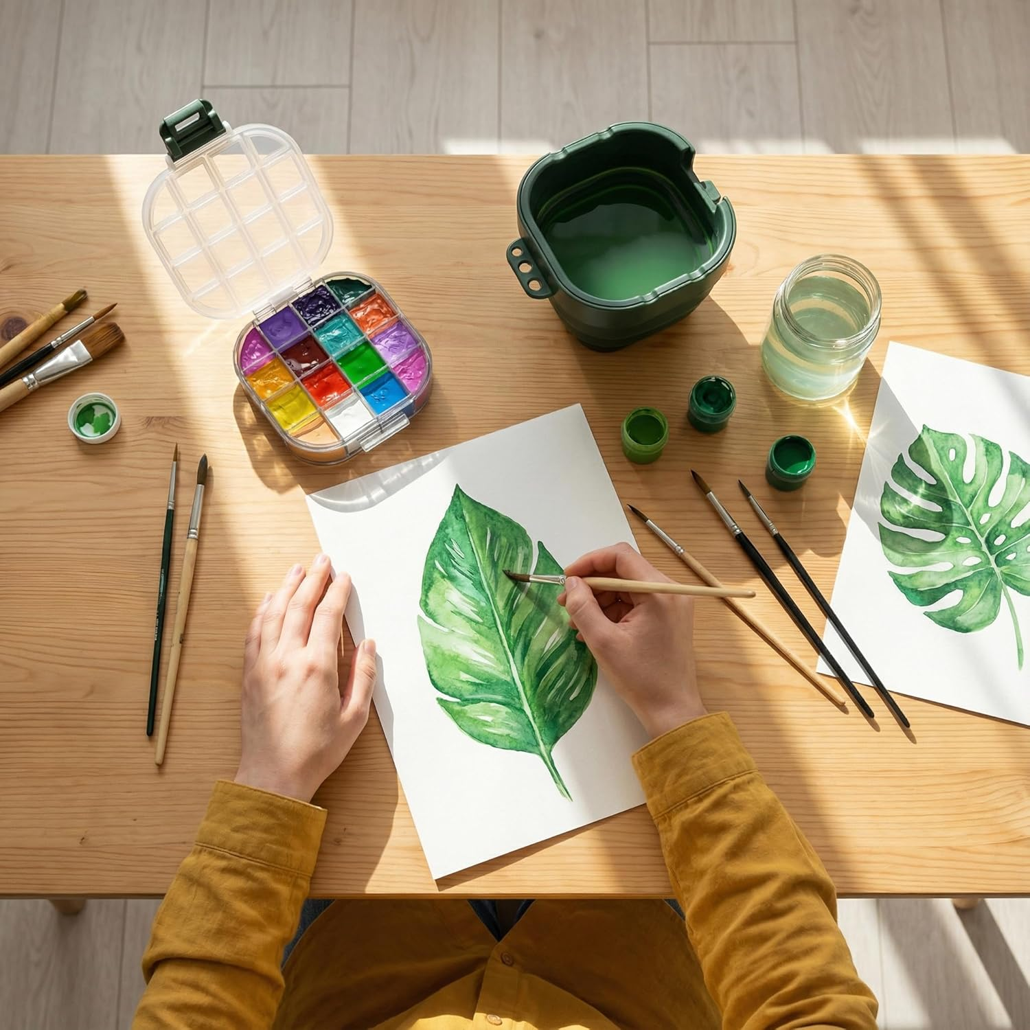 5.3 X 4.4 Inches Airtight Paint Palette Box, Valuable Container Combines Cleaning Brush Basin and Brush Holder, Using for Beginners Learning Art Project Workshops Outdoor Painting (Green) image number 3