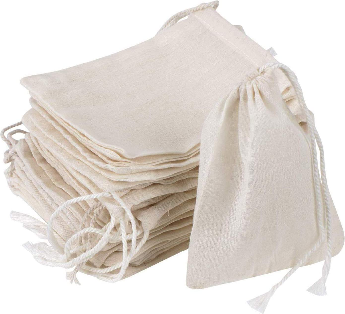 20 Pcs Muslin Drawstring Bags - Natural Unbleached Cotton Straining Herbs Cheesecloth, Coffee Tea Brew, Soup Gravy Broth Stew, Bone Broth Brew, Spice Bags - 6 X 4 Inches