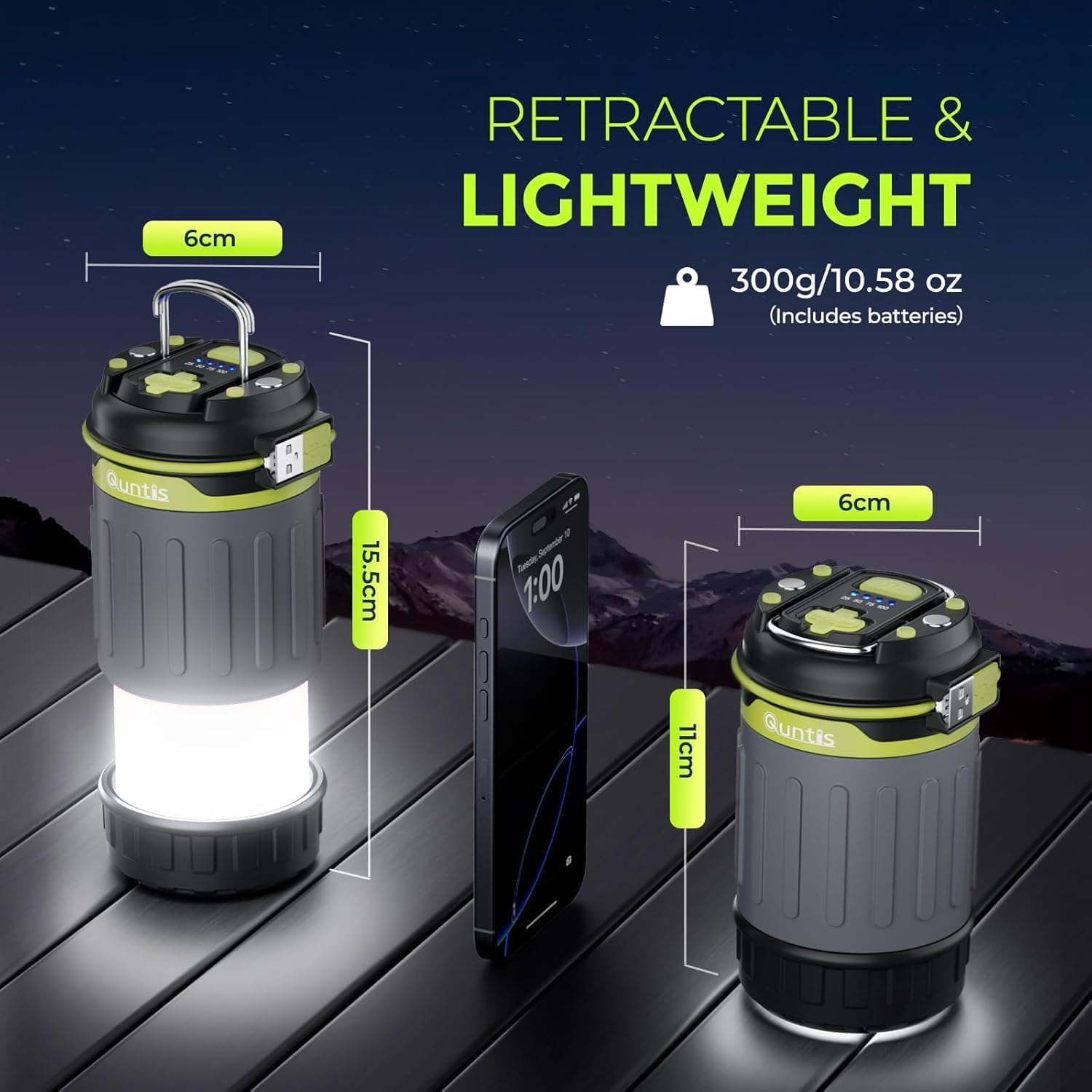 Quntis Camping Lantern Rechargeable, 600 Lumen Telescoping Camping Light, Dimmable 3 Modes with 3200Mah Battery Capacity Tent Lights, Magnetic Base & Foldable Hook for Outdoor, Hiking, Emergency Use image number 2