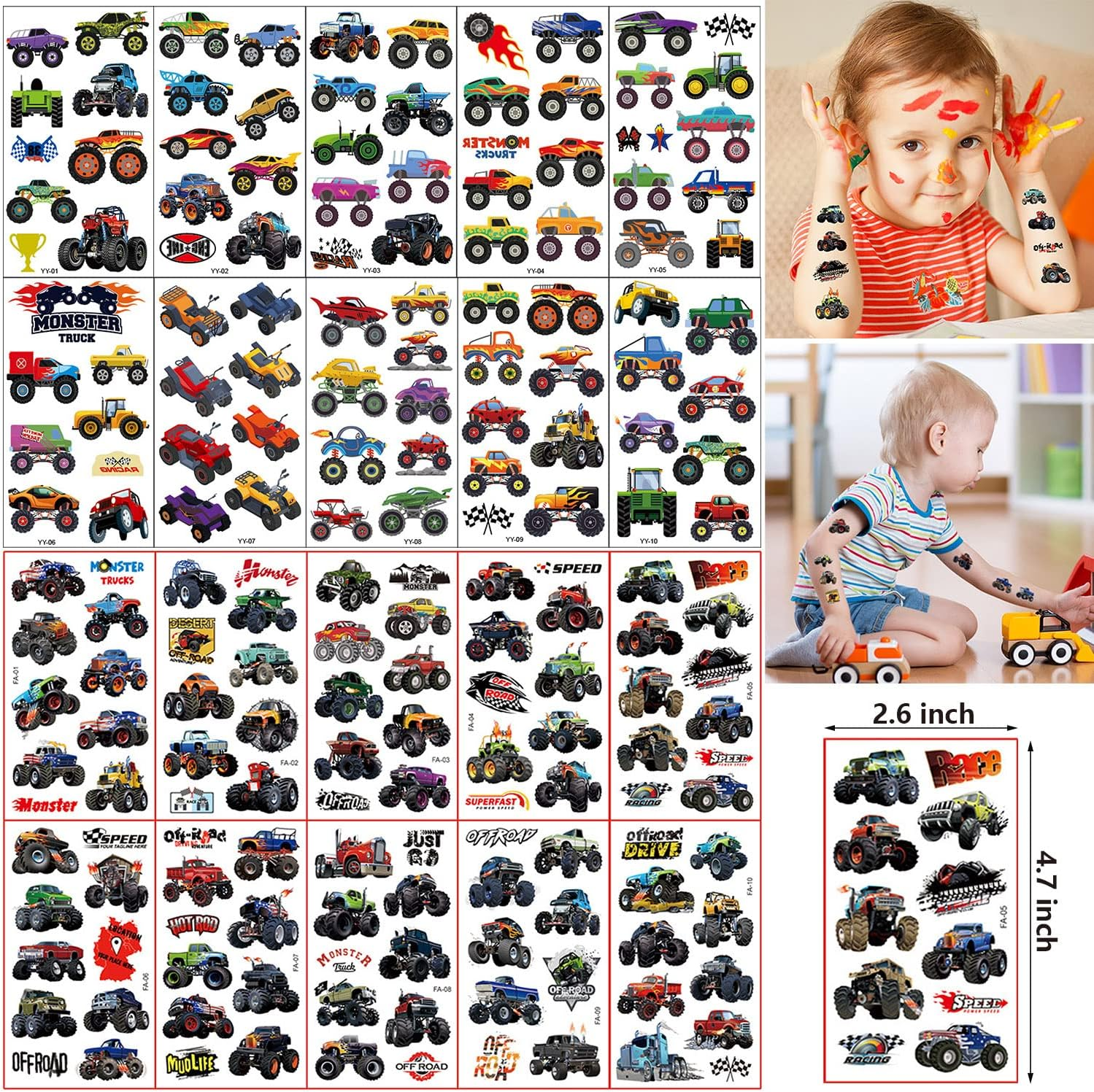 20 Sheets Monster Truck Temporary Tattoos for Kids, Monster Truck Party Supplies Decorations Cool Car Fake Tattoos Sticker Monster Truck Party Favors for Kids Boys Girls Teens Party Game Gifts