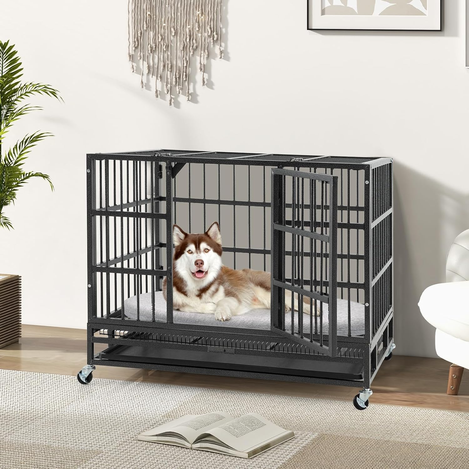 Costway 96CM/120CM Foldable Heavy-Duty Metal Dog Cage W/Lockable Rolling Casters, Removable Tray, 2 Lockable Doors, Chew-Proof Dog Crate, Indoor & Outdoor Portable Dog Kennel Crate (96 X 65 X 77 Cm) image number 1