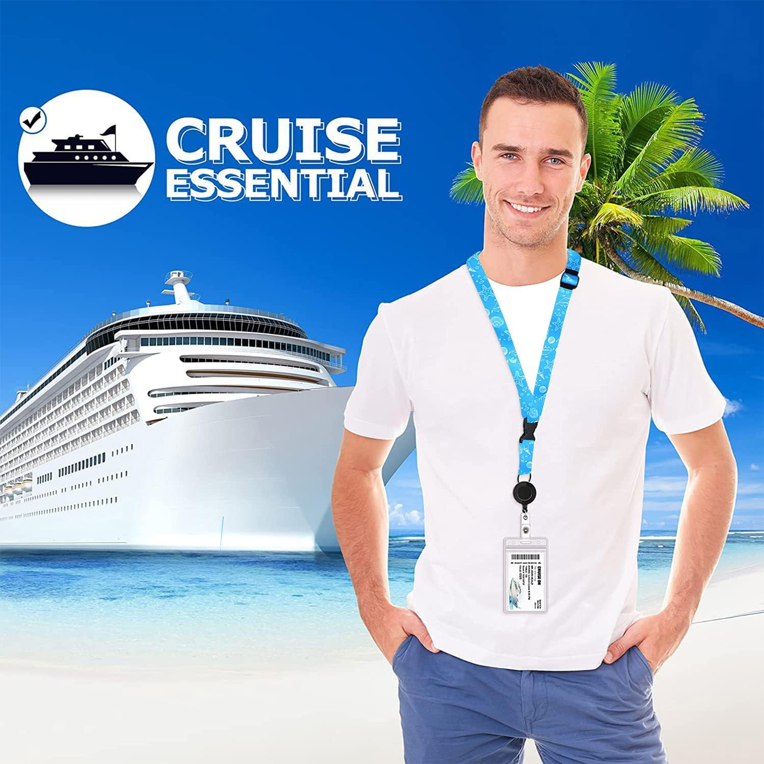 5 Sets Cruise Lanyards Pattern Adjustable Lanyard with Retractable Reel Waterproof ID Badge Holders for Cruises Ship Cards Accessories (Vivid Style)