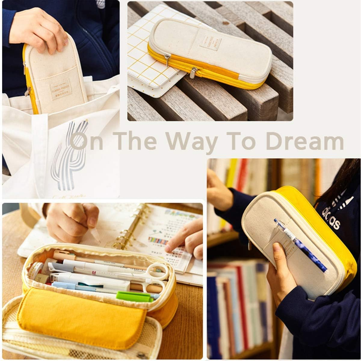 Isuperb Pencil Case Large Capacity Student Pencil Bag Canvas Pencil Pouch Girls Women Stationery Storage Bag Double Zipper Pencil Organizer for High School Office Students Teens Adults, Yellow image number 5