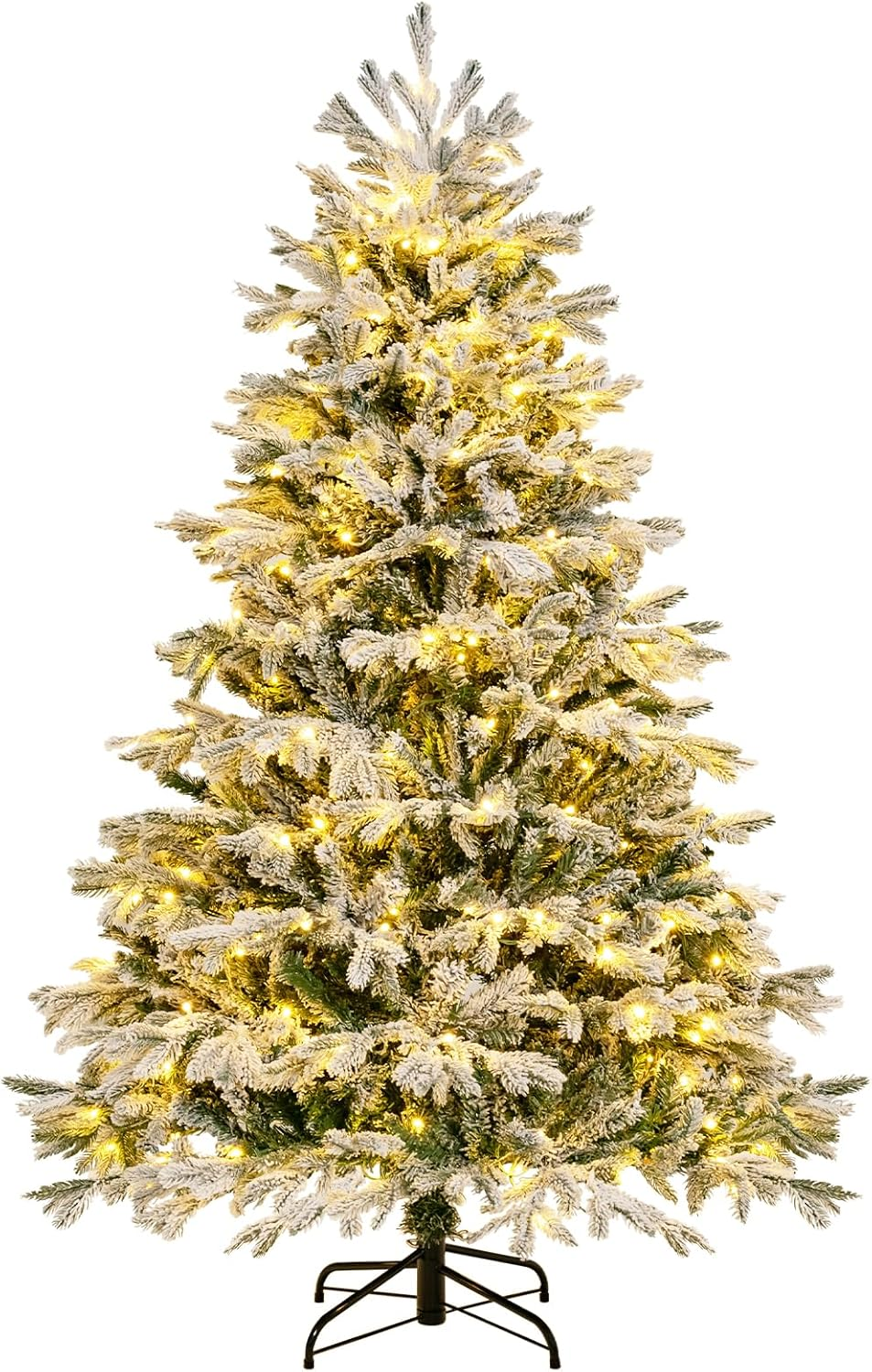 Costway 1.8M Artificial Flocked Christmas Tree with 1022 PE PVC Branch Tips & a Pair of Gloves & 350 Warm White LED Lights, Pre-Lit Hinged Xmas Decor Tree for Home, Office & Carnival, Easy Setup image number 3