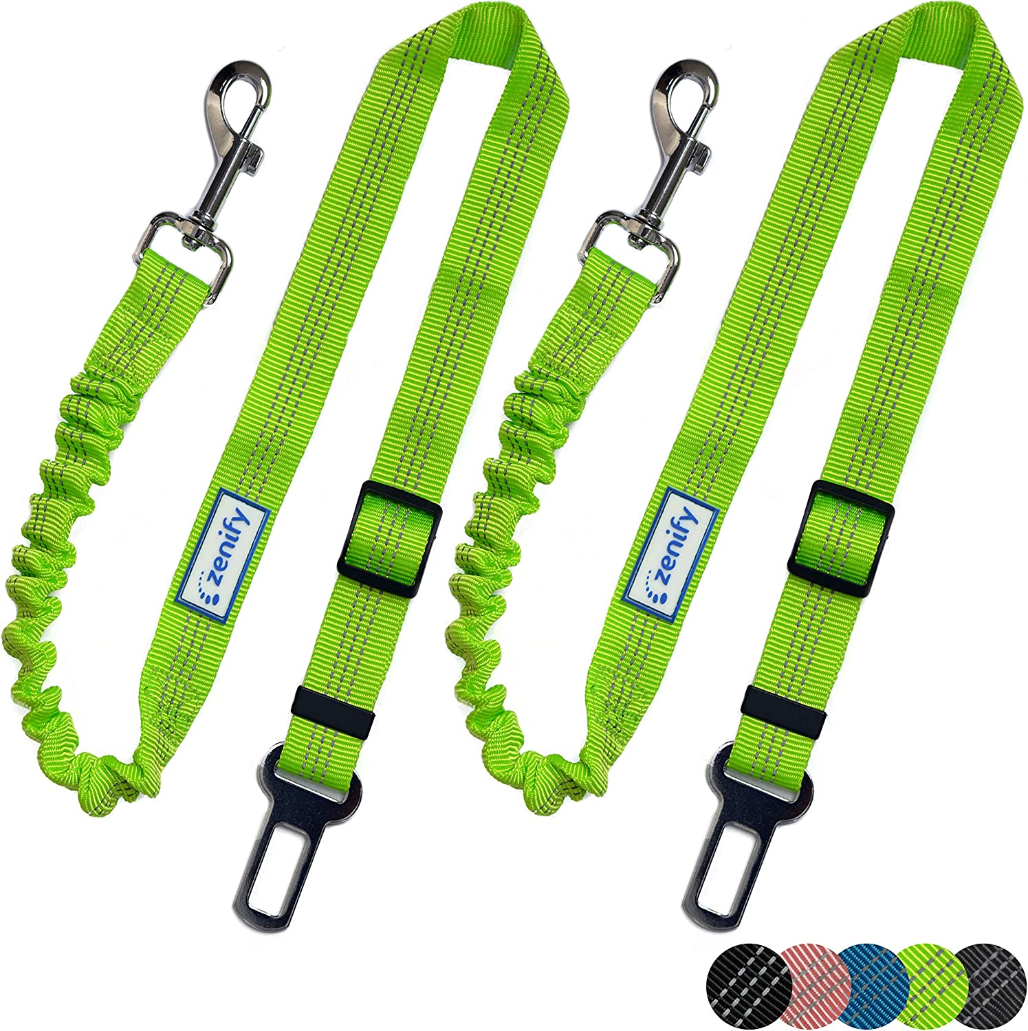 Zenify Dog Car Seat Belt Extendable Lead (2 Pack) - Bungee Leash for Dogs Puppies - Pet Adjustable Elastic Seatbelt Harness Vehicle Safety Birthday Road Trip Gift Idea (Green)