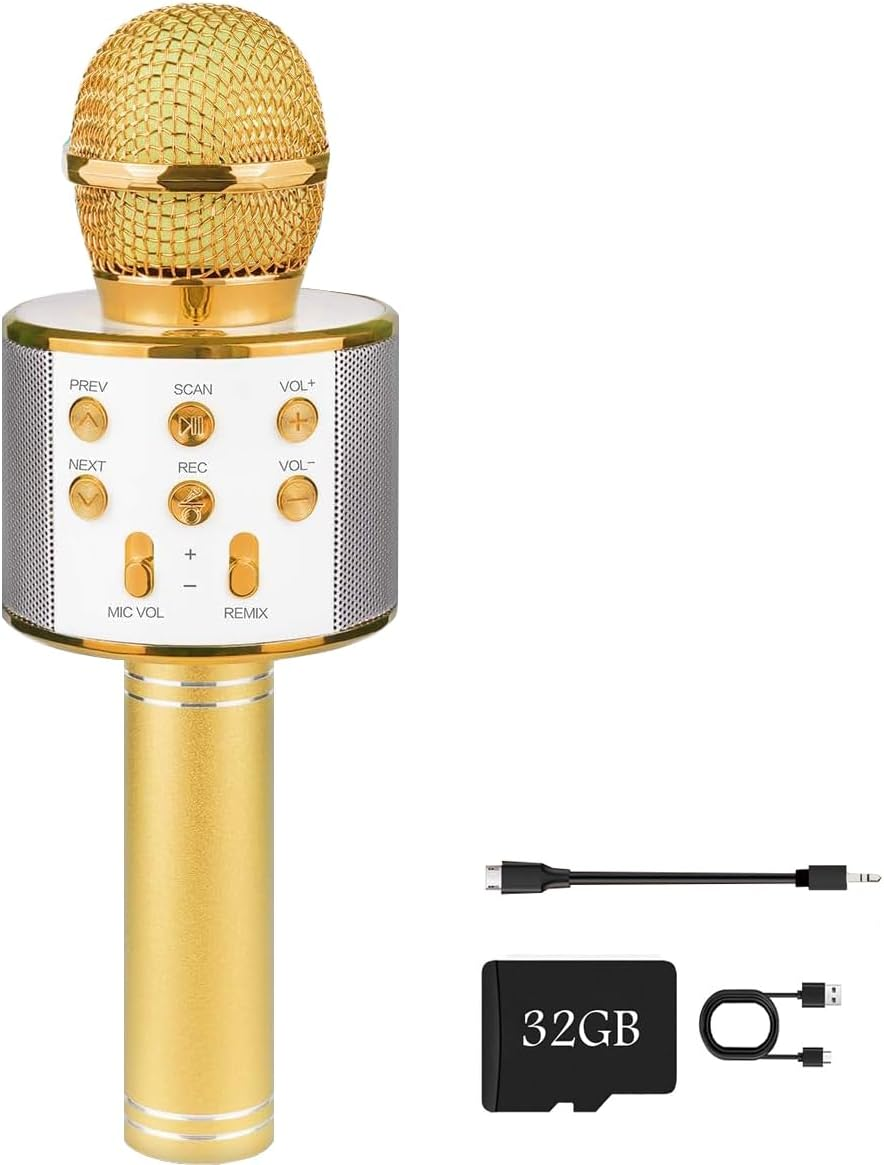 Wireless Bluetooth Karaoke Microphone for Kids, 5-In-1 Portable Handheld Karaoke Mic Speaker Player Recorder with Adjustable Remix FM Radio for Kids Girls Boys (With 32G TF Card,Black)