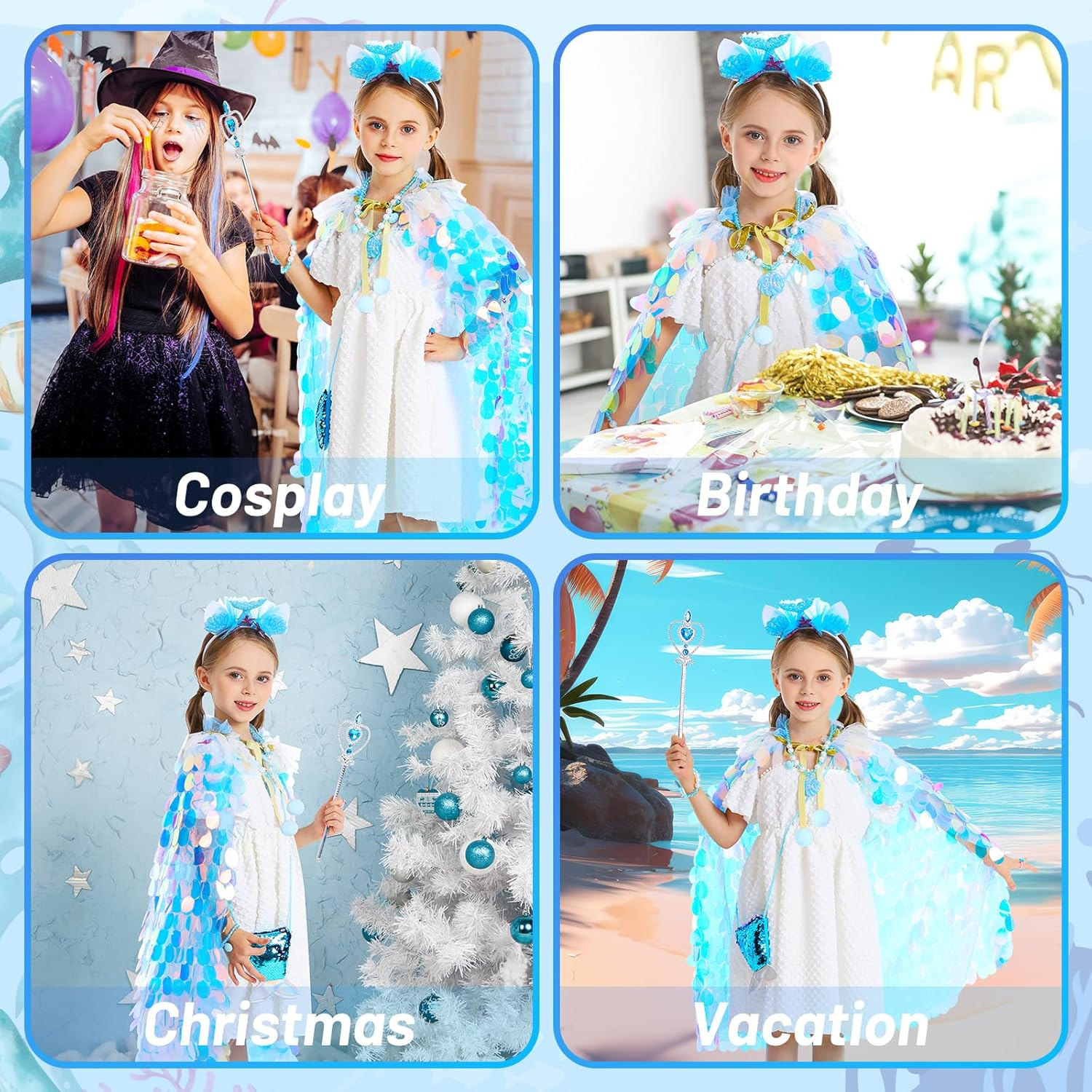 Princess Dress up Toys Princess Dress up Clothes Rainbow Mermaid Cape Kit 9 Pcs Gift Set for Little Girls 3-8 Years Old (Blue) - 11 - Cloak Rainbow Purple image number 2