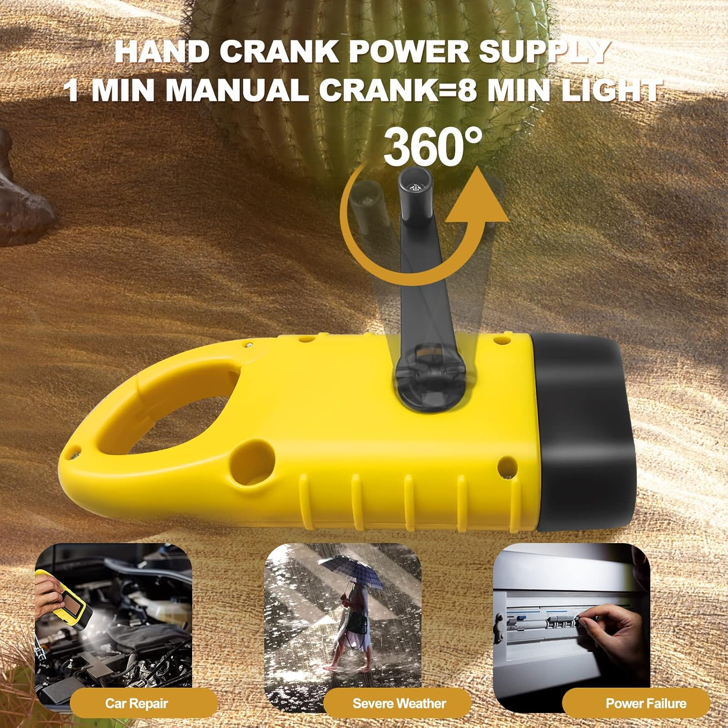 2-Pack Wind up Torch, LED Super Bright Hand Crank Torch, Solar Dynamo Portable Camping & Emergency Flashlight with Carabiner Hook image number 6