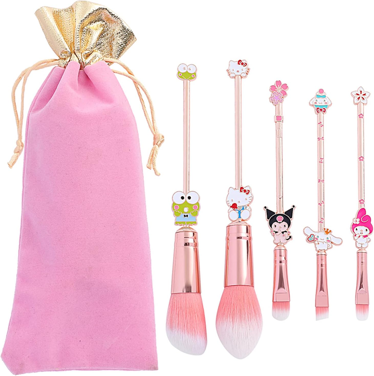 Rongji Jewelry Marie Cartoon Cat Makeup Brushes - 5Pcs Cute Animal Designed Soft Pink Makeup Brushes Set, Professional Cosmetic Tool Kit Pink Drawstring Bag Included for Girls and Women (5PCS Kuu)