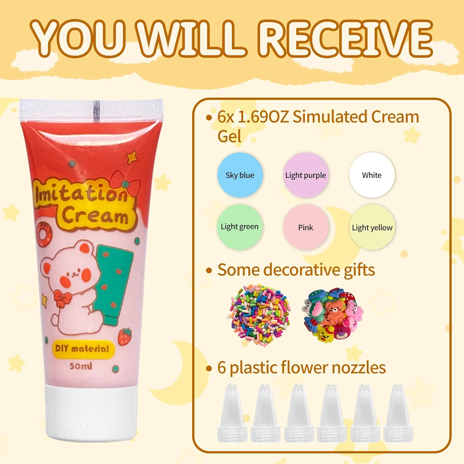 6Pcs Decoden Cream Kit, Simulation Fake Whipped Cream Glue, Deco Cream, Comes with 4 Packs of Resin Decorations and 6 Nozzles, Very Suitable for DIY Crafts and Decoration(1.69Z) image number 6