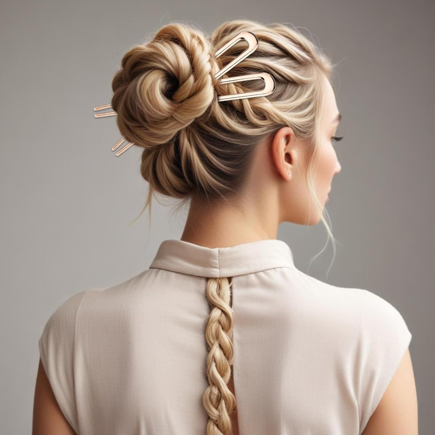 2PCS Large French Hair Pin Gold, 5.7 Inch U Shaped Hair Pins, Metal French Hair Pins Vintage French Twist Hair Pin Chignon Pin for Women Thick and Long Hair (Rose Gold) image number 3