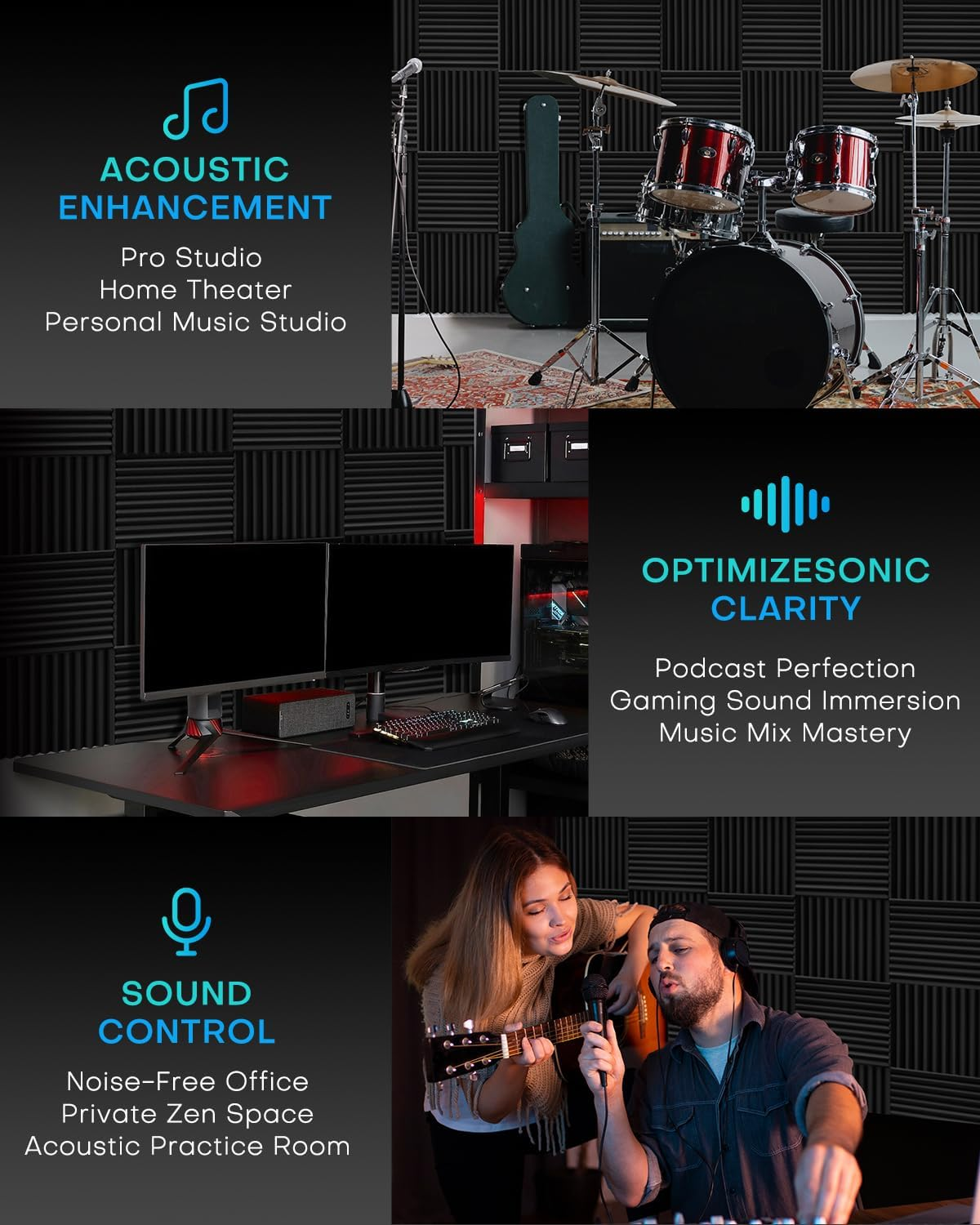 96 Pack Sound Proof Foam Panels for Walls, 2.5 X 30 X 30Cm /1" X 12" X 12" Soundproof Wall Panels, High Density Acoustic Panels Sound Absorbing, Sound Proofing Panel for Recording Studio, Offices - 52 Pack-2.5 X 30 X 30Cm image number 2