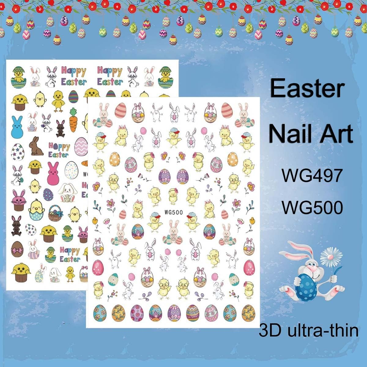Easter Nail Art Stickers Decals, 3D Self-Adhesive Cartoon Bunny Egg Chicken Nail Decals for Women Girls Easter Day DIY Nail Decoration 6 Sheets - Gold image number 2