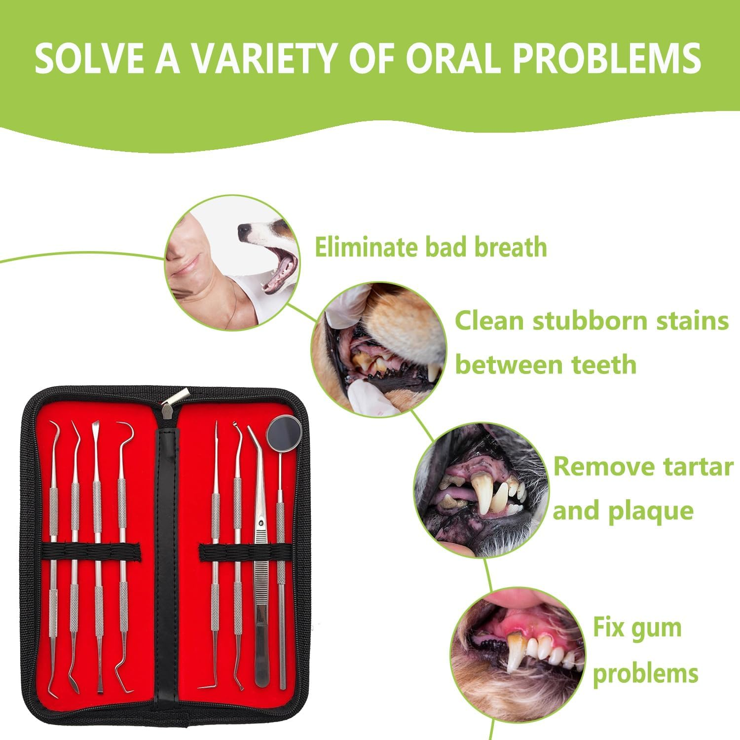 8 Pcs Dental Tools Pet Dog Teeth Cleaning Tool Kit, Stainless Steel Dental Picks Mouth Mirror Tooth Scraper Plaque Tartar Remover, Pets Oral Care Hygiene Set for Dogs and Cats Use with Case image number 1