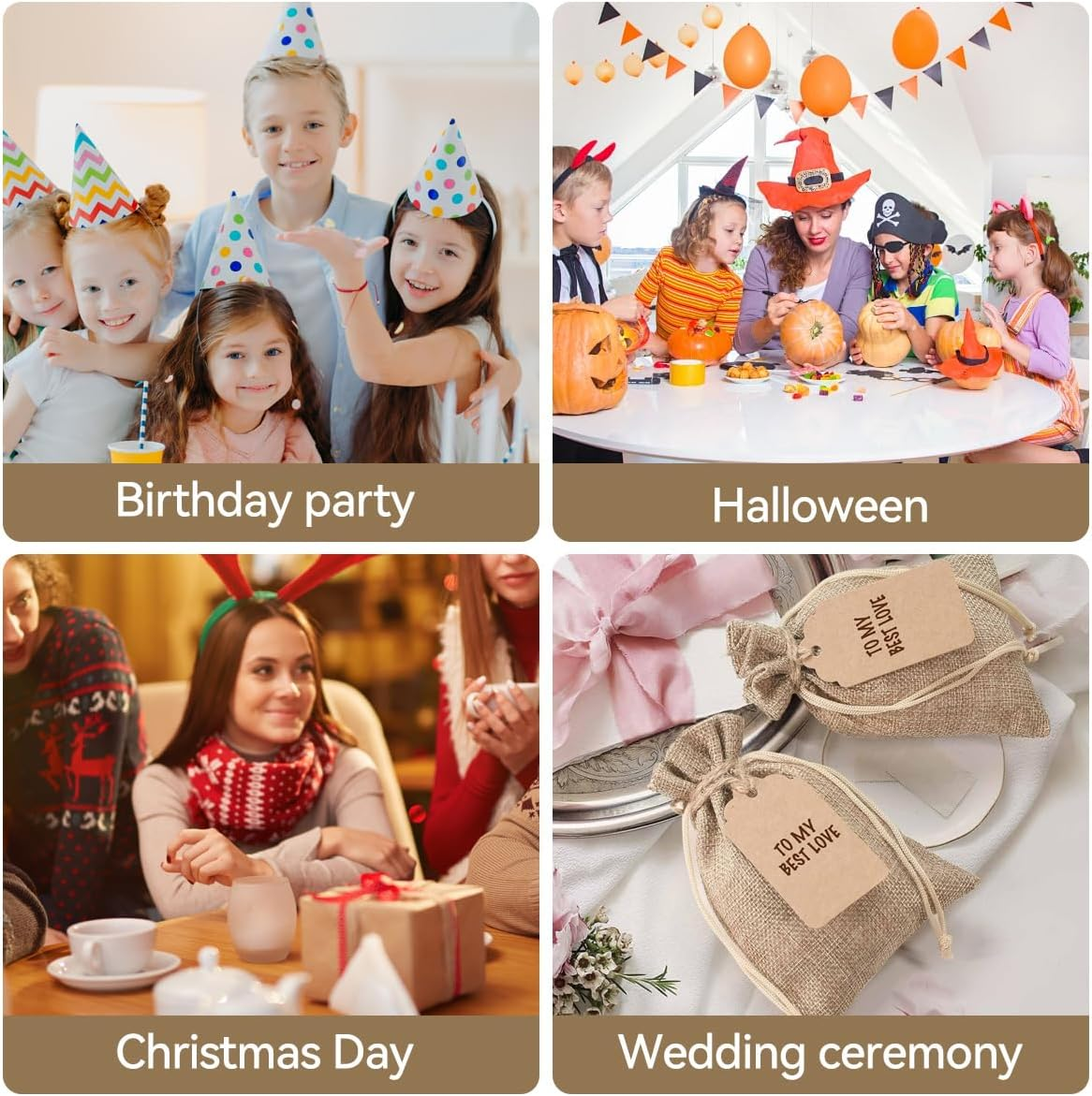 H HOME-MART 50PCS 5"X 7" Drawstring Bags with Tags & String Burlap Gift Bags Reusable Linen Sacks Bag for Birthday Party Present Wedding Favors Art DIY Craft Jewelry Pouches Christmas image number 5