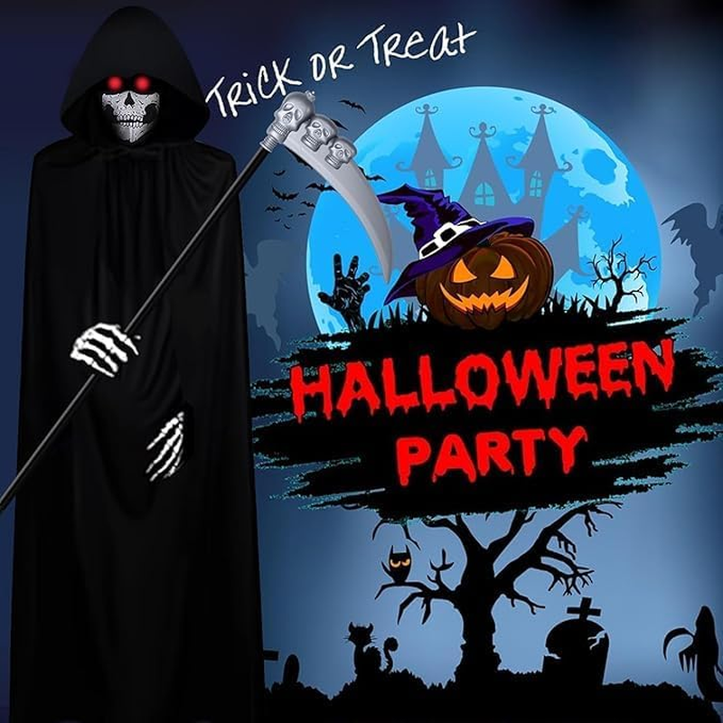 Halloween Grim Reaper Costume Set for Adult, 4PCS Black Hooded Cape, Skull Face Mask, Skeleton Hand Gloves, Grim Reaper Scythe Death Scythe Staff, Cosplay Costume Props for Men & Women