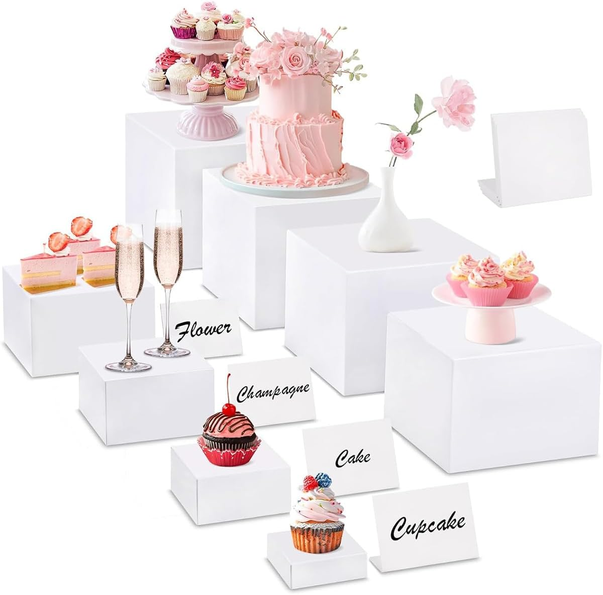 Blissify 8 Pack Buffet Risers, Acrylic Boxes for Display, Square Cube Food Display Stand with Mini Signs for Party, Cupcake, Candy, Brunch, Jewelry, Decor, White image number 4