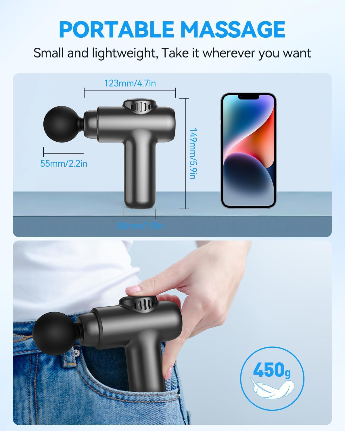 Mini Massage Gun, Pocket-Sized Deep Tissue Massager, 30 Speeds Handheld Muscle Massage Gun, Portable Percussion Massager with 4 Heads, Powerful Muscle Gun Cordless for Travel Home Office Gym (Black) image number 1