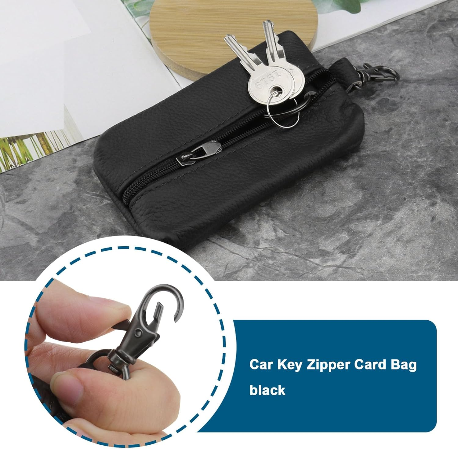 SING F LTD Car Leather Key Zipper Card Bag Car Keycase Heavy Duty Leather Key Wallet Key Pocket Accessories for Men Women 12X7Cm Black image number 2
