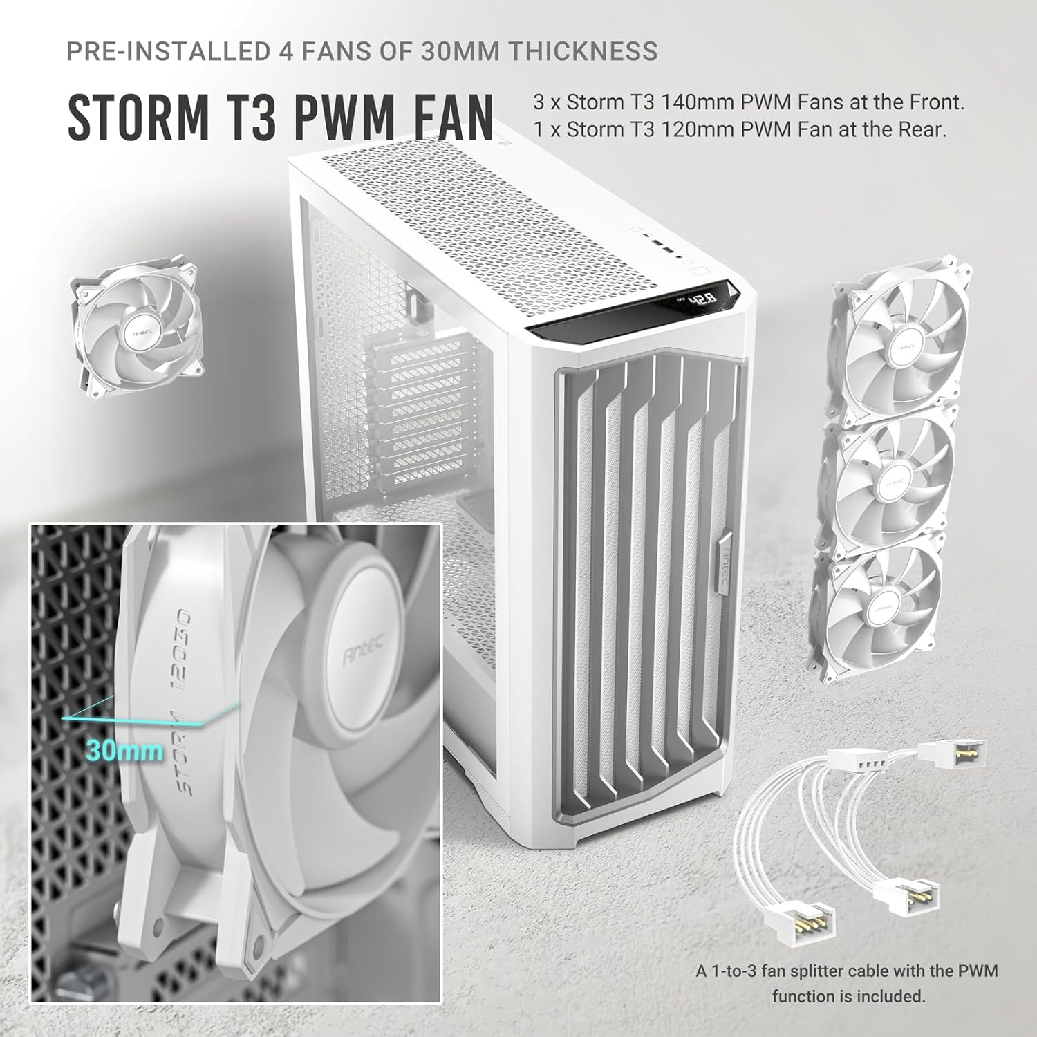Antec P1 FT Editor'S Choice 4X Storm T3 PWM Fan Gaming Case, White image number 2