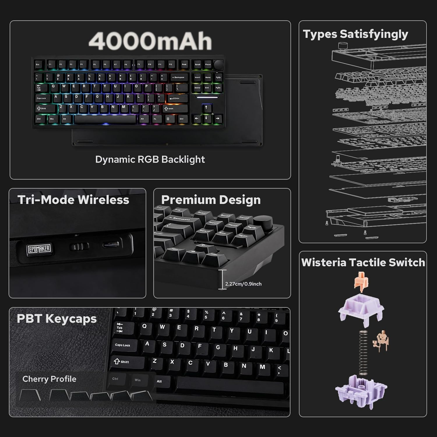 EPOMAKER P87 TKL Aluminum Wireless Gaming Keyboard, QMK/VIA Programmable Mechanical Keyboard, 87% Bluetooth/2.4Ghz/Usb-C Keyboard with CNC Metal Knob and RGB Backlight (Black, Wisteria Tactile Switch) image number 2