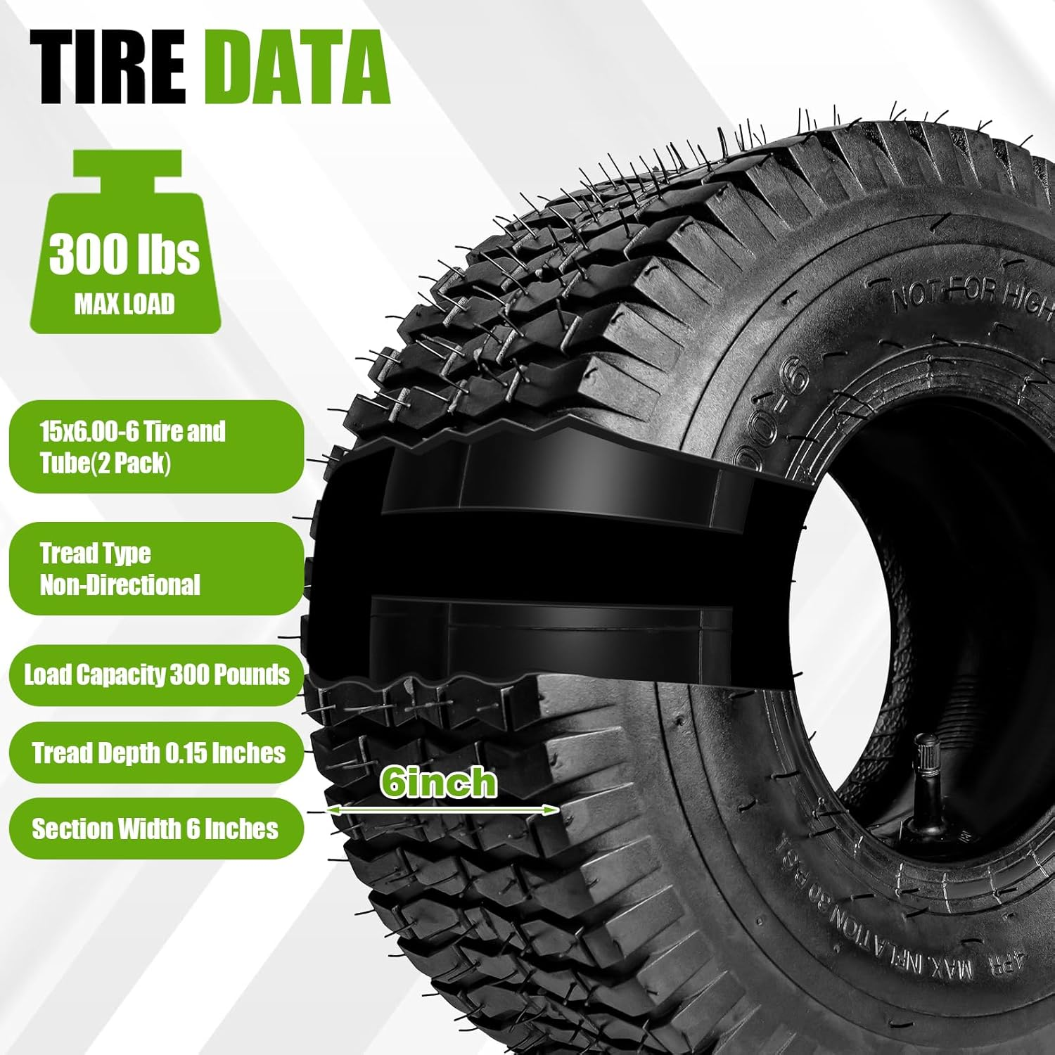 2 Pack 15X6.00-6 Tire and Inner Tube Set TR-13 Straight Valve Stem Natural Rubber 4 Ply with Tube 400 Lbs Capacity Replacement Riding Mower Front Wheel Assembly image number 3