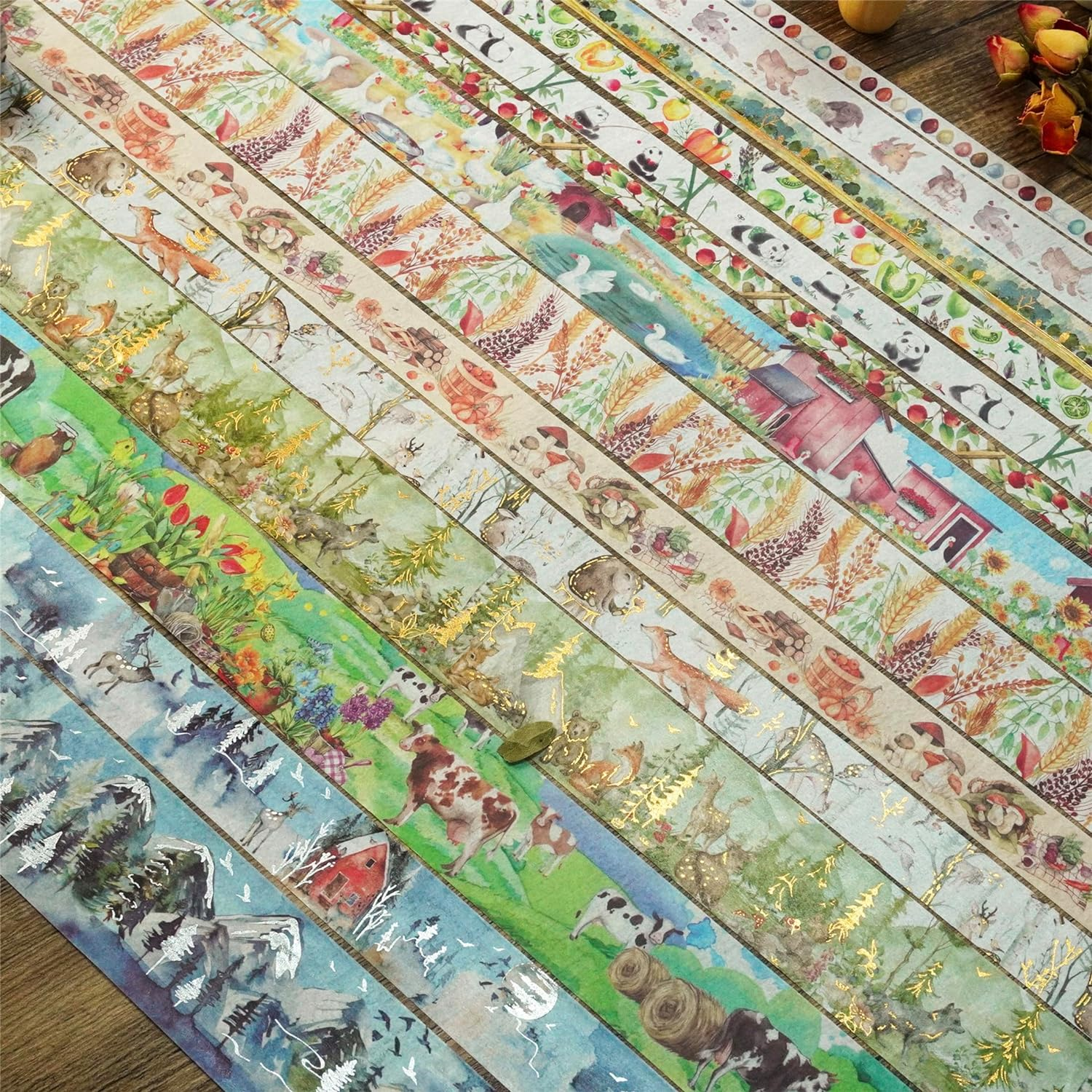 YUBBAEX 17 Rolls Forest Washi Tape Set Wide Gold Foil Masking Mountain Fields Animals Decorative Tapes for Arts, DIY Crafts, Journals, Planners, Scrapbook, Wrapping image number 3