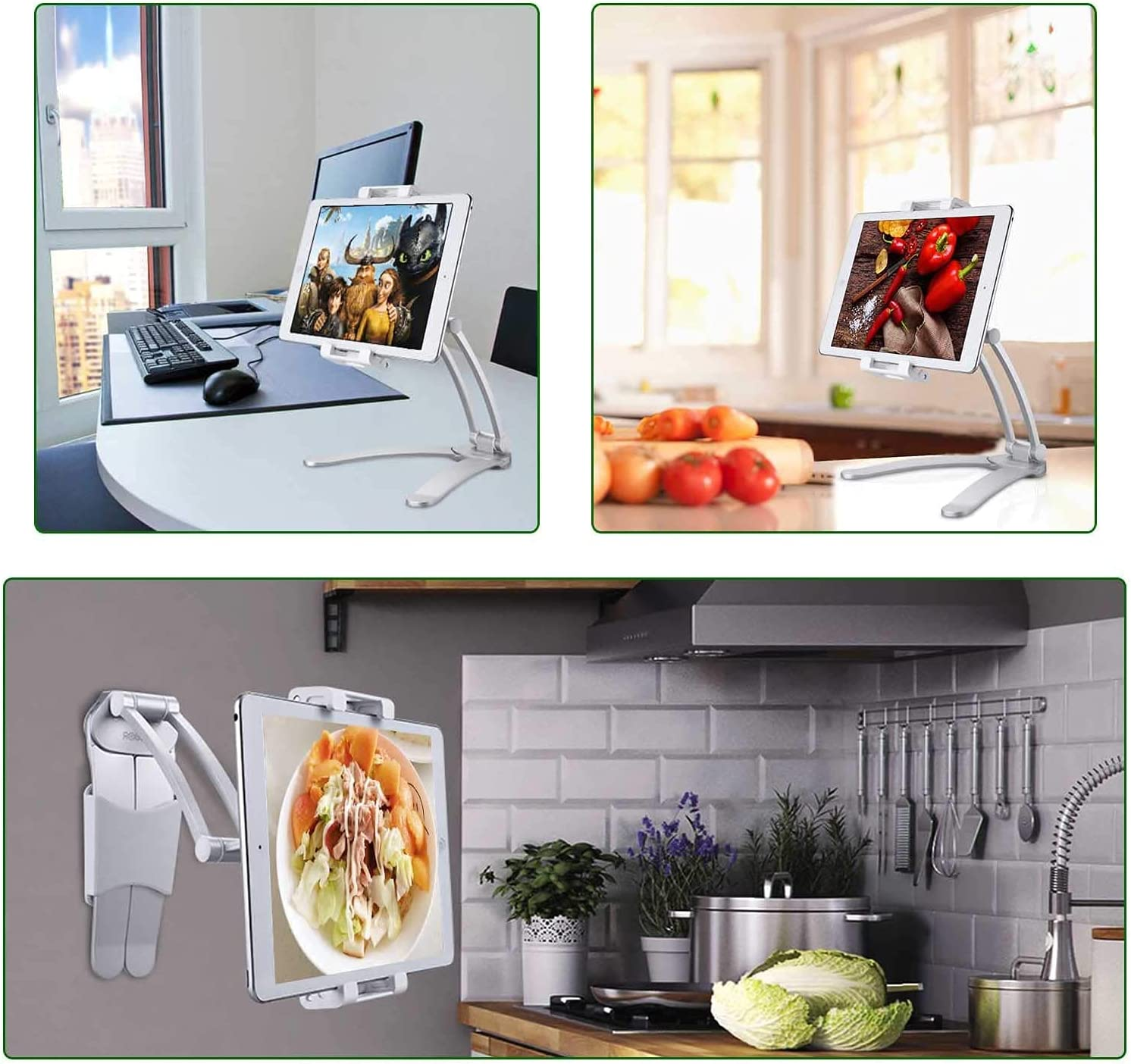 Cenawin Adjustable Tablet Stand - Universal Tablet Holder, Kitchen Tablet Wall Mount, Desktop Stand Dock with Aluminum Arm Compatible for 5-12.9 Inch Ipad, Ipad Pro/Air/Mini, Iphone 12/Max Pro, Switch