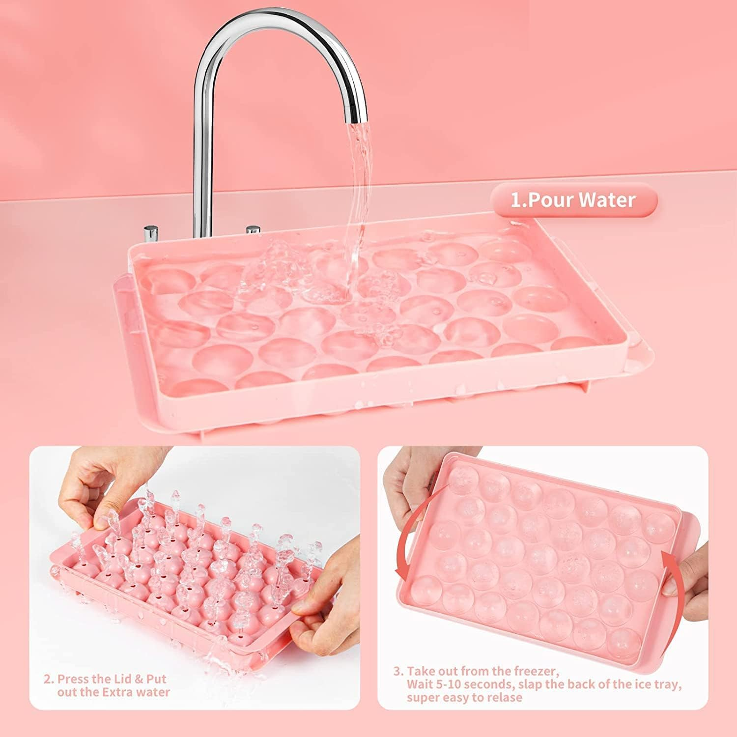 Round Ice Cube Tray Set of 4 Pack,Mini Ice Ball Maker Mold for Freezer,Reusable Ice Cube Molds for Cocktail Whiskey Tea & Coffee with 1 Ice Scoop(Blue+Pink)