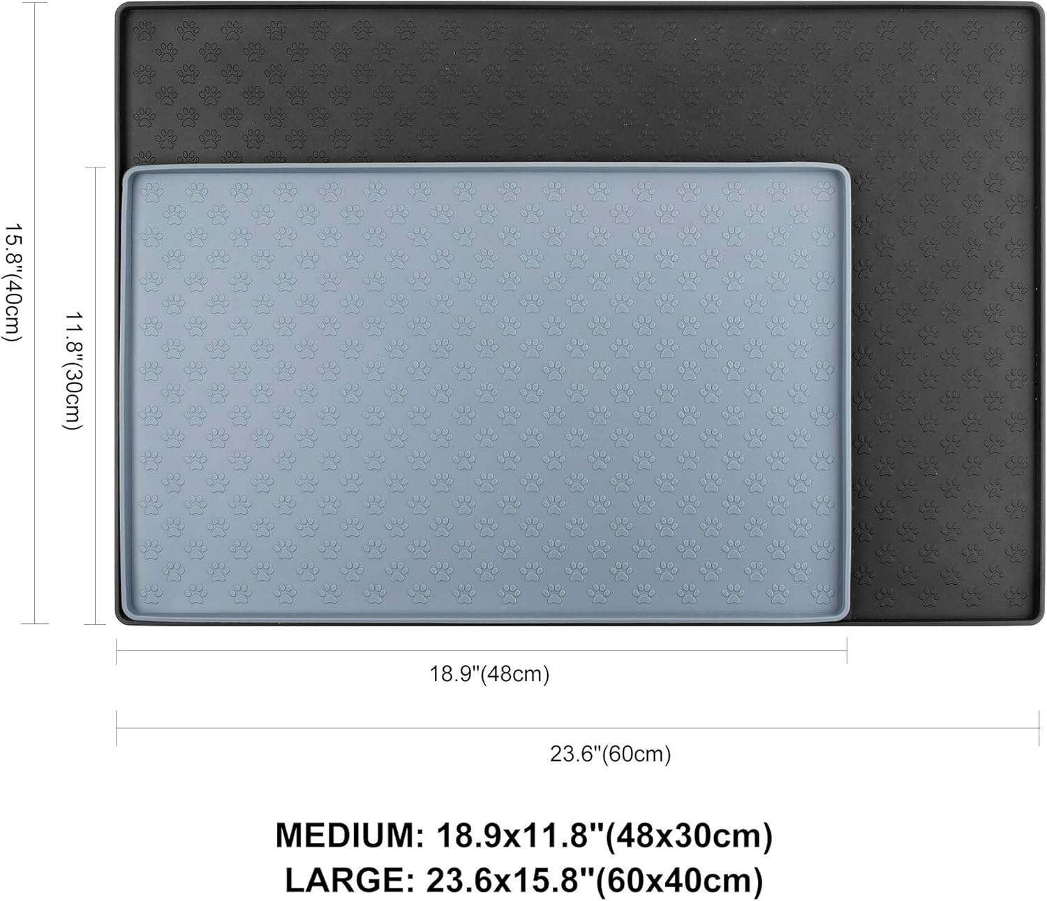 Coomazy Cat & Dog Food Mat, Sillicone Waterproof Pet Bowl Placement Tray to Stop Food Spills and Water Messes Out to Floor (M: 48X30Cm/18.9X11.8In, Grey) image number 4