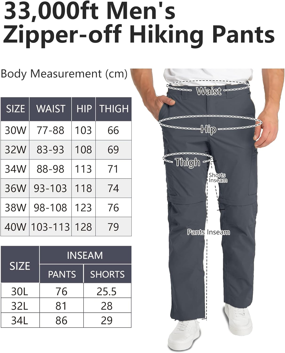 33,000Ft Men'S Zip-Off Hiking Trousers Quick Dry Stretch Walking Pants Convertible into Shorts Lightweight Cargo Trousers for Camping, Fishing, Travelling