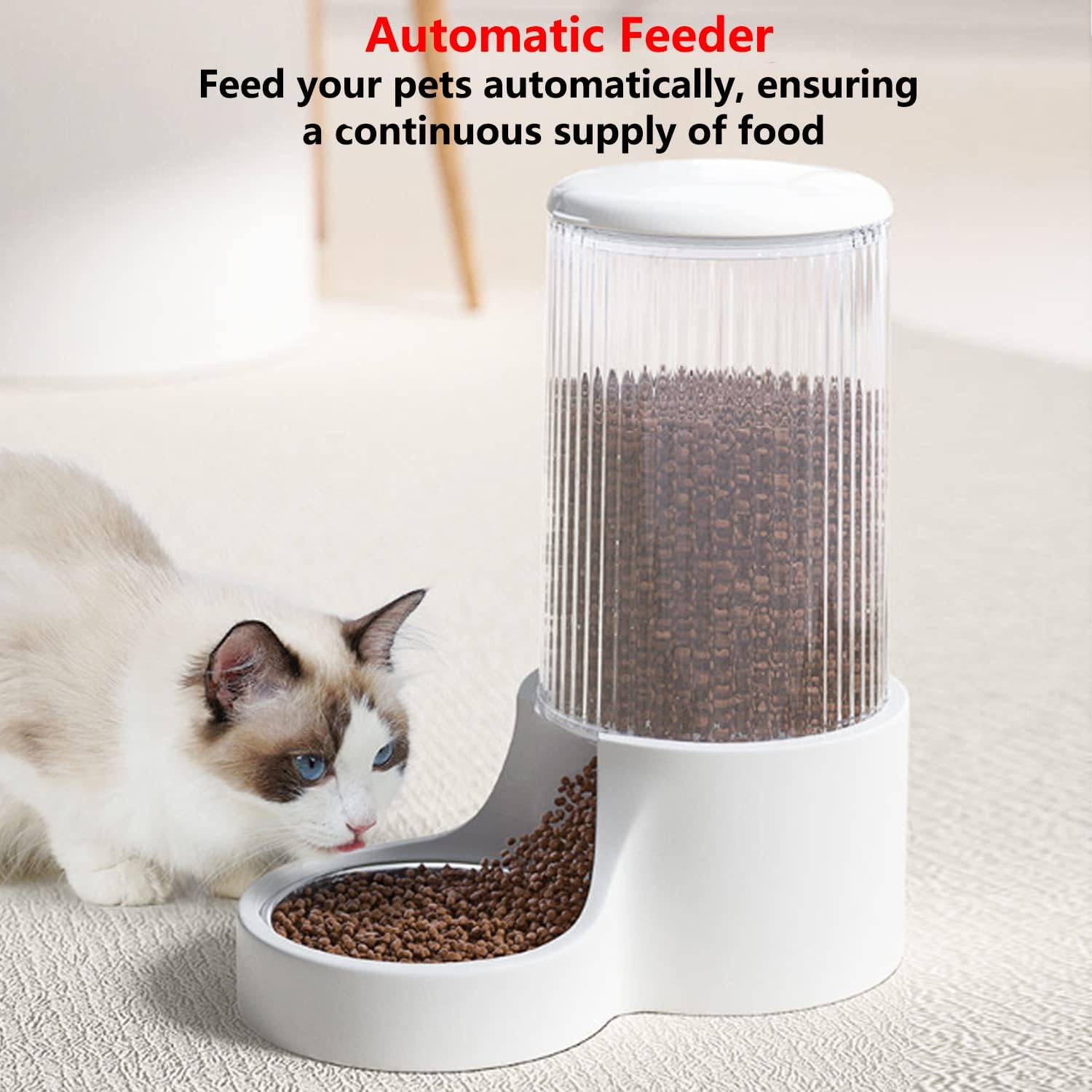Automatic Cat Feeder, 3.8L Large Gravity Cat Food Dispenser with Detachable Top Lid, Visible Bottle and Stainless Steel Bowl for Pets (White) image number 2